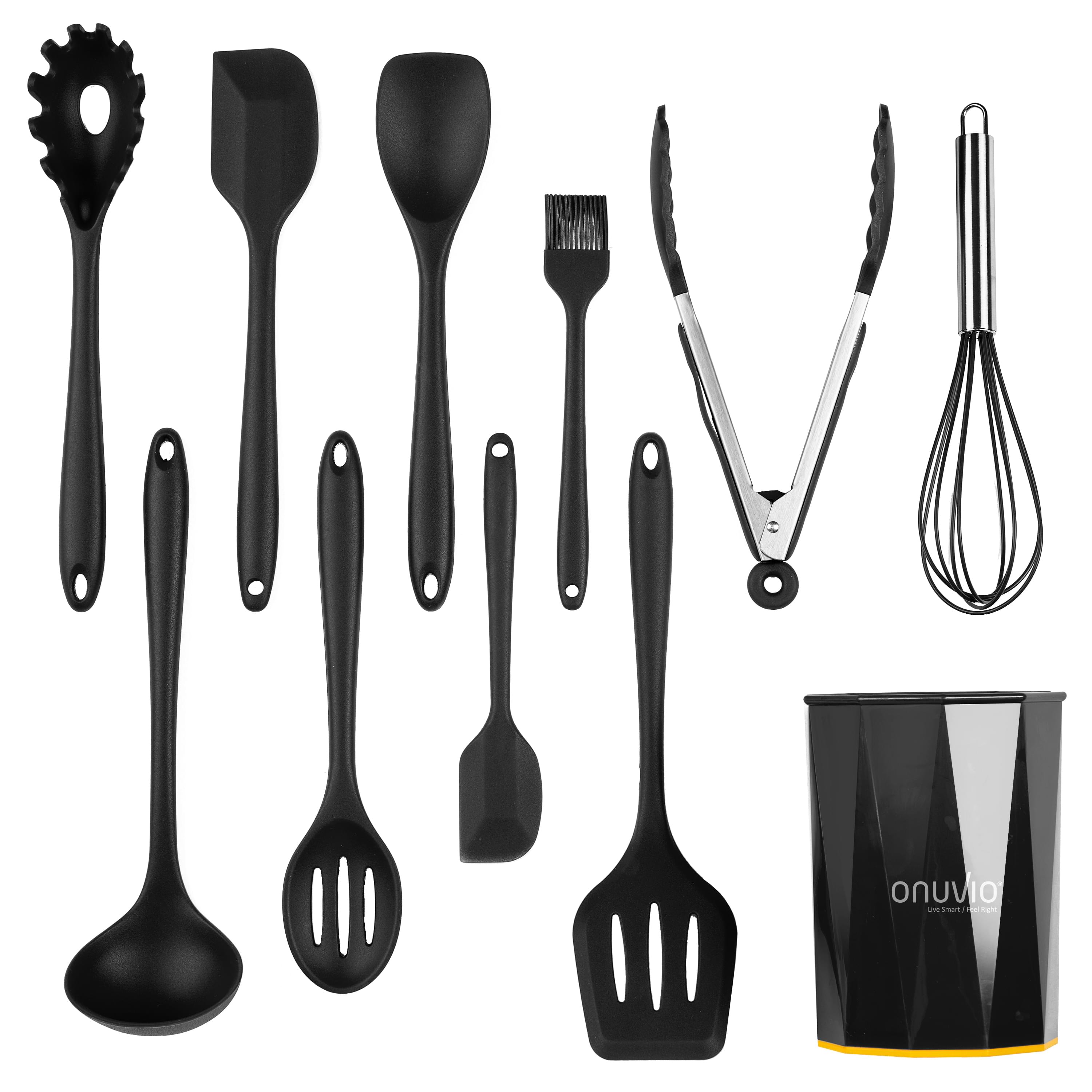 Set ustensile bucatarie 11 piese onuvio®, luxury silicon alimentar, suport blat, antiaderente, termorezistente, certificate institutul bioresurse alimentare - negru