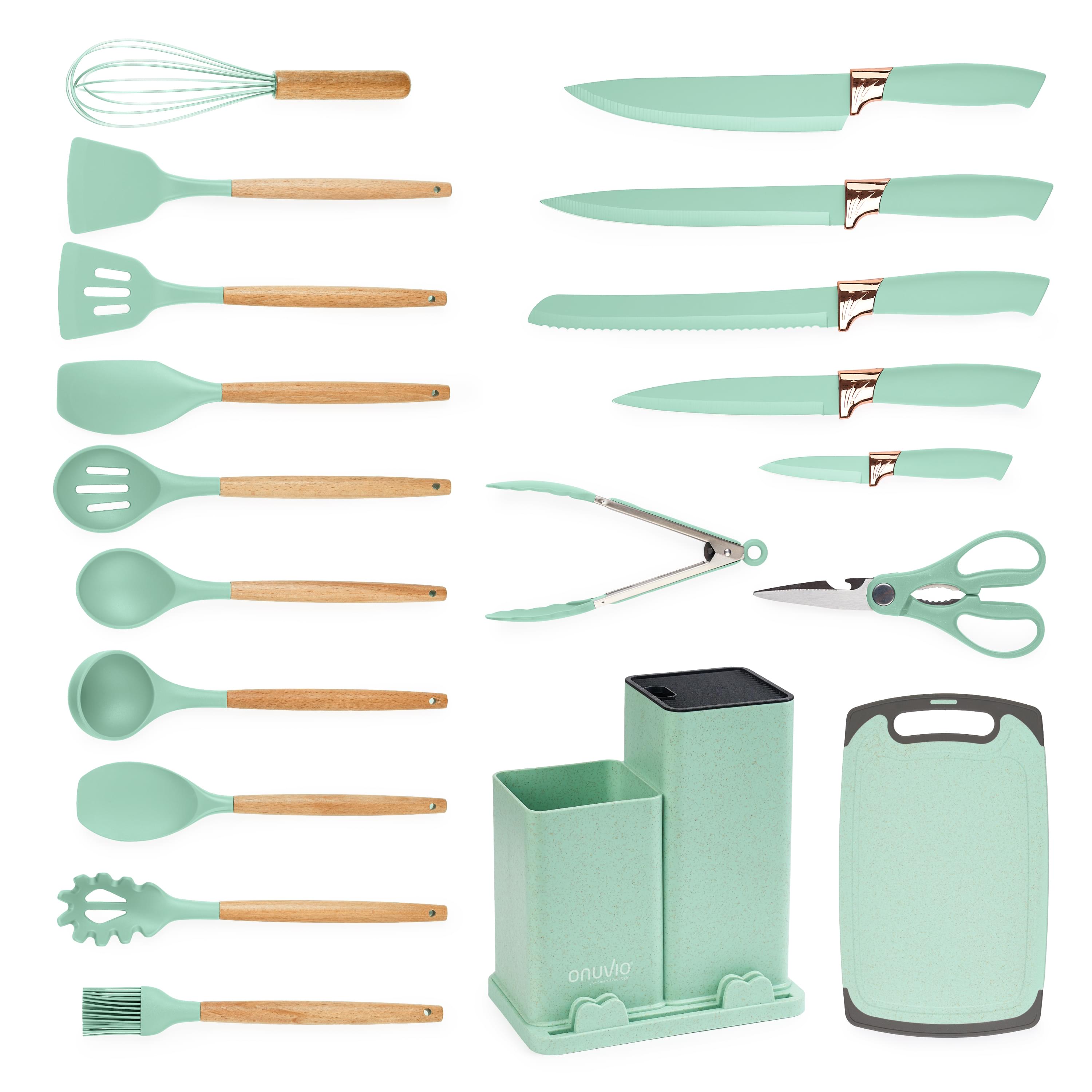 Set ustensile bucatarie 19 piese lemn si silicon alimentar, cutite, tocator, termorezistente, antiaderente, suport blat,  onuvio™ fiona - verde menta
