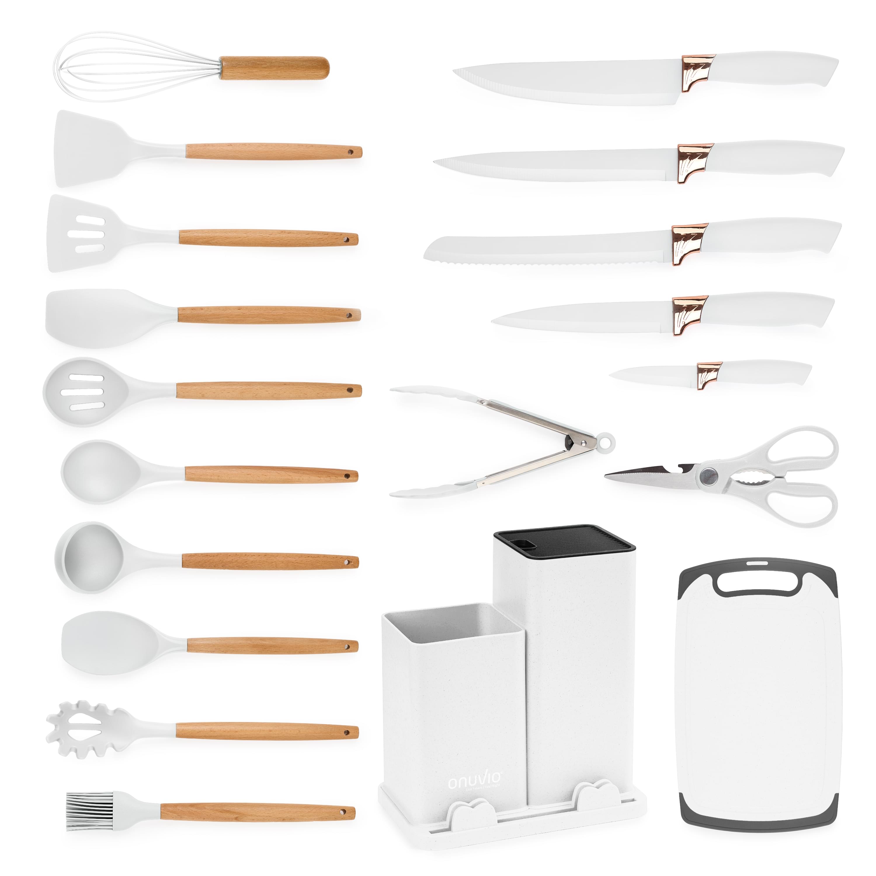Set ustensile bucatarie 19 piese lemn si silicon alimentar, cutite, tocator, termorezistente, antiaderente, suport blat,  onuvio™ fiona - alb