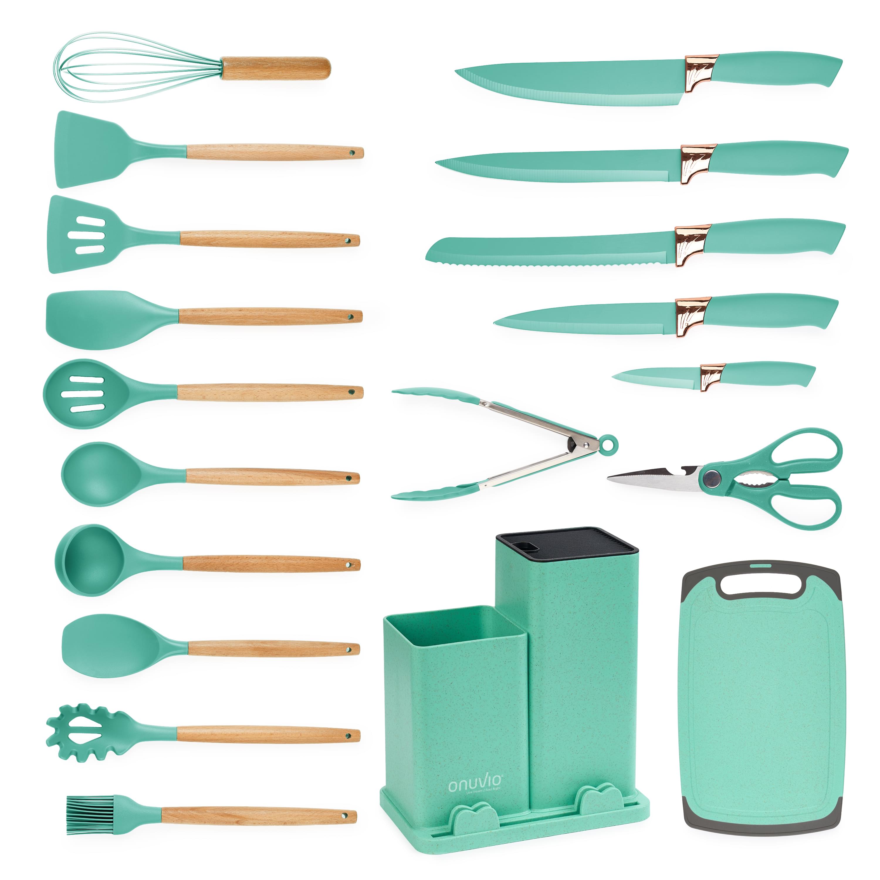 Set ustensile bucatarie 19 piese lemn si silicon alimentar, cutite, tocator, termorezistente, antiaderente, suport blat,  onuvio™ fiona - turcoaz