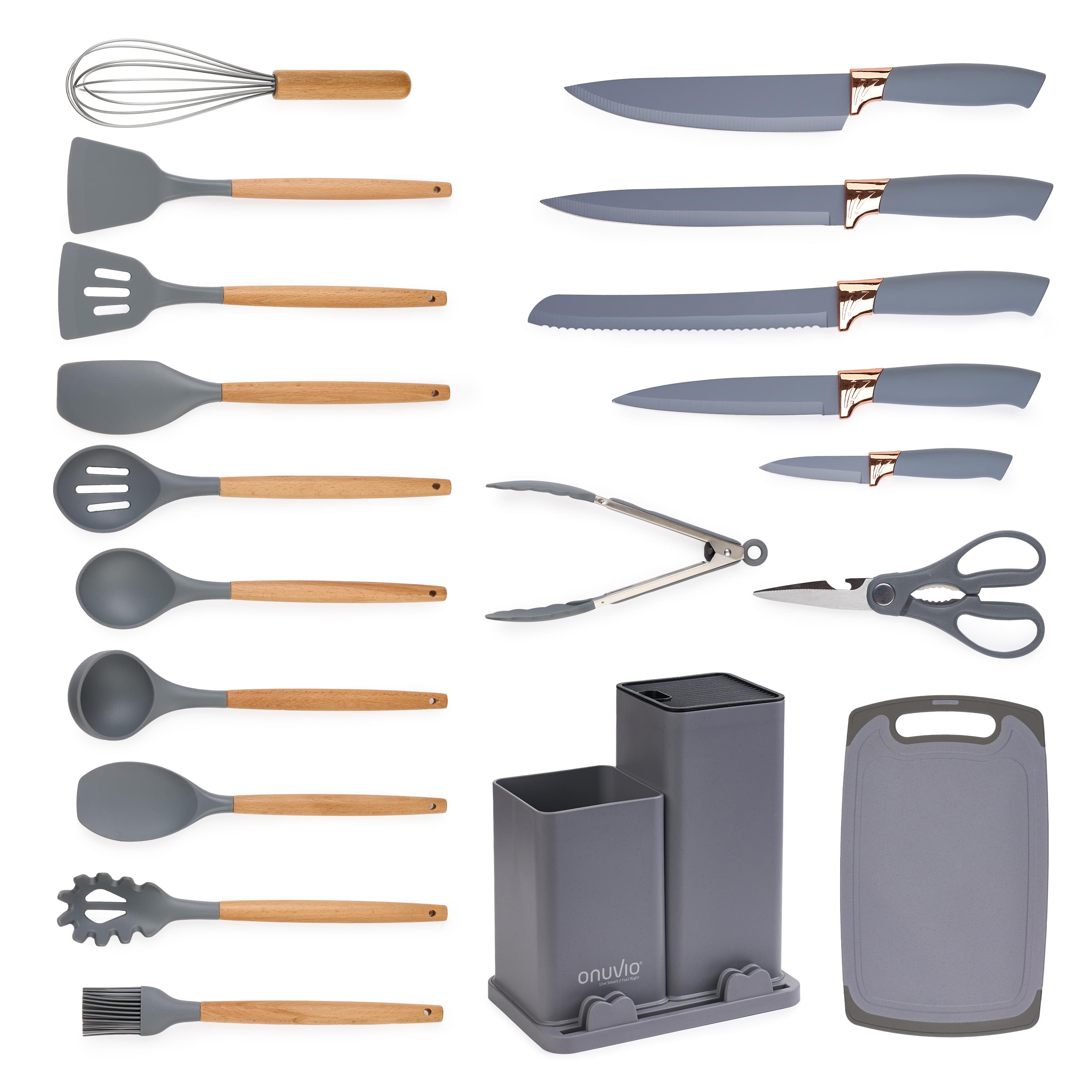 Set ustensile bucatarie 19 piese lemn si silicon alimentar, cutite, tocator, termorezistente, antiaderente, suport blat,  onuvio™ fiona - gri