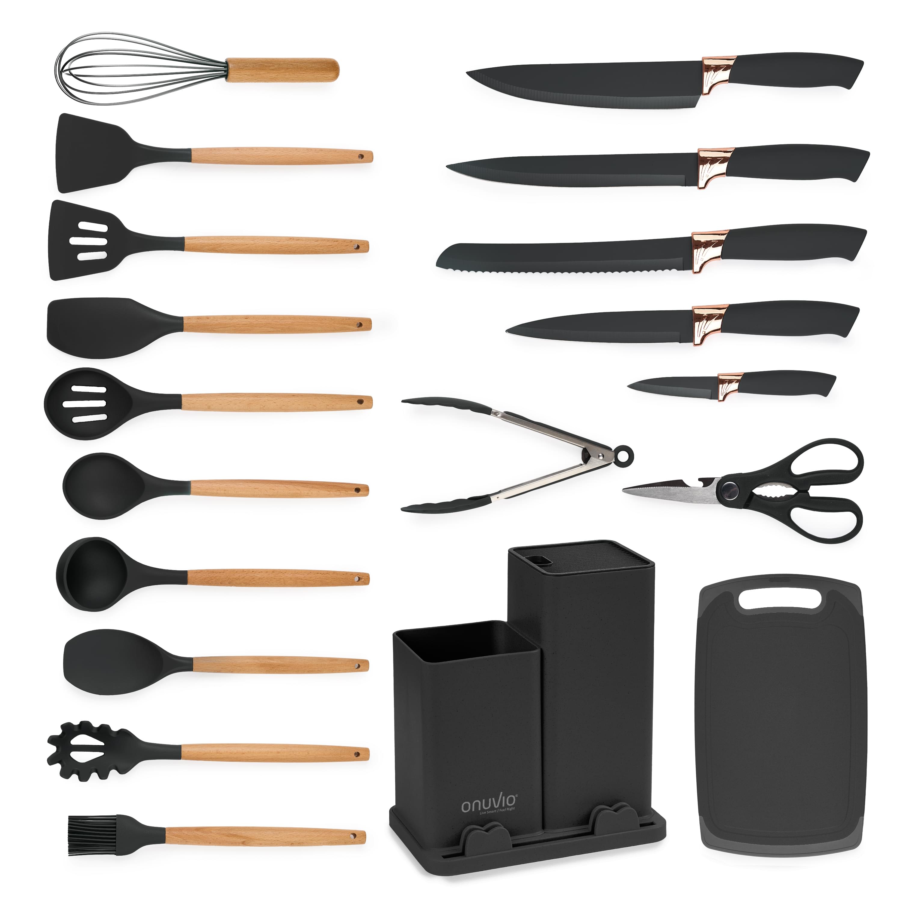 Set ustensile bucatarie 19 piese lemn si silicon alimentar, cutite, tocator, termorezistente, antiaderente, suport blat,  onuvio™ fiona - negru
