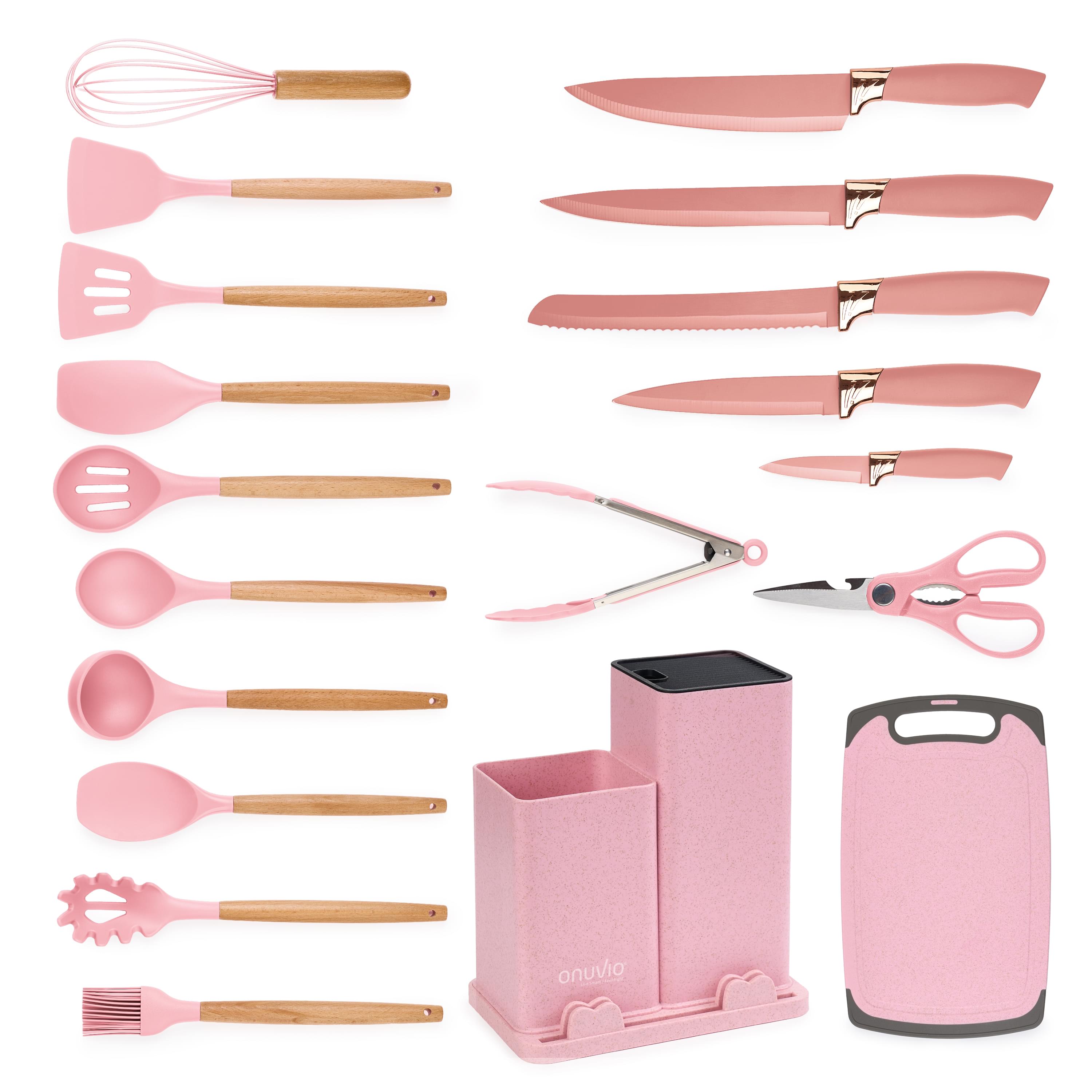 Set ustensile bucatarie 19 piese lemn si silicon alimentar, cutite, tocator, termorezistente, antiaderente, suport blat,  onuvio™ fiona - roz
