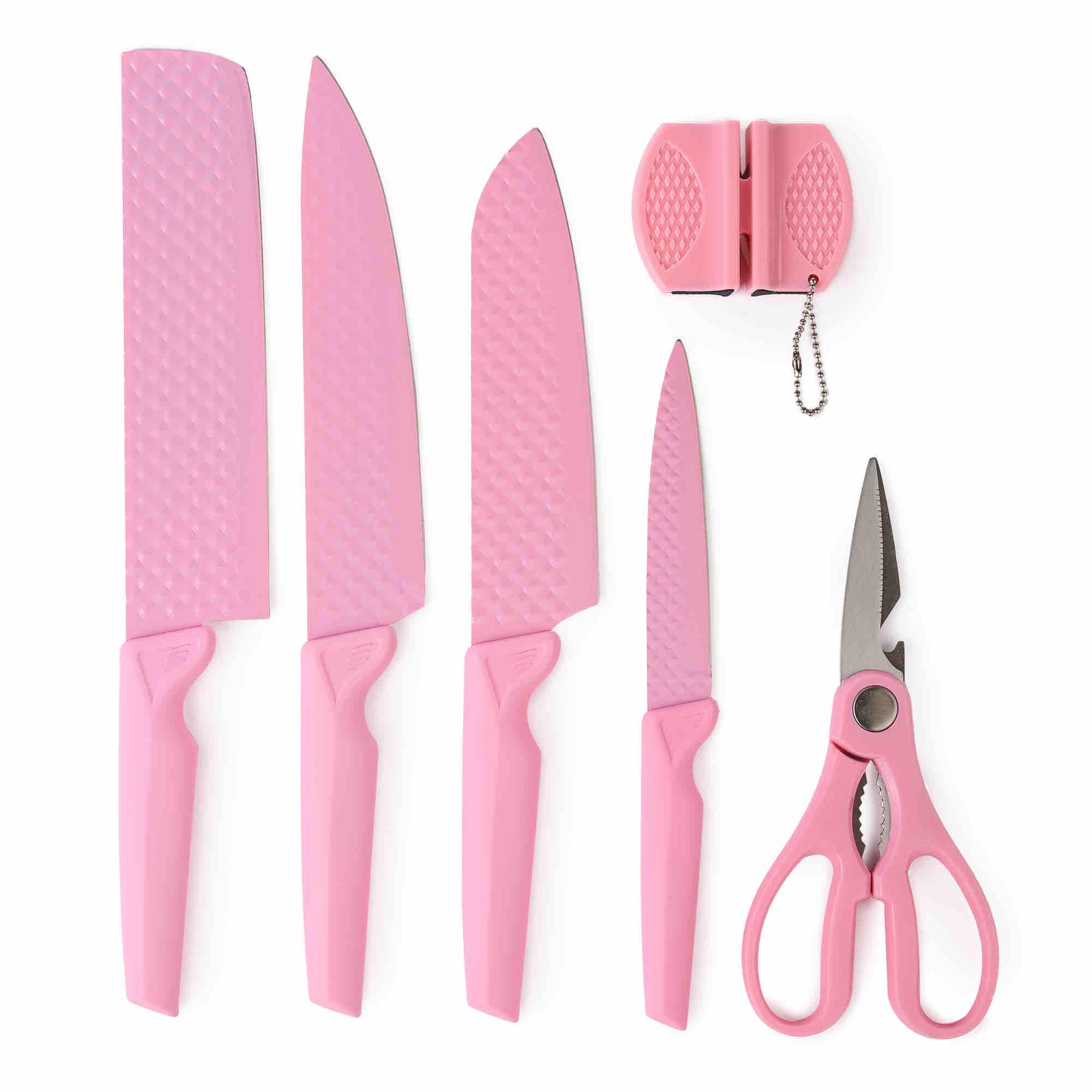 Set Cuțite Onuvio®, 6 Piese, extrem de ascutite, folosire zilnica  Include Satar, Cuțit Santoku , Cuțit Chef, Cuțit pentru Legume și Fructe,foarfeca, dispozitiv ascutit, Roz