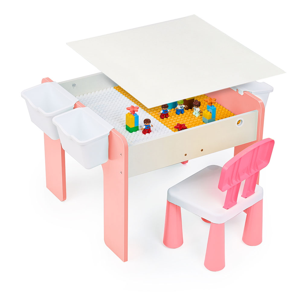 Măsuță multifuncțională pentru copii, folosita la activitati creative, construit modular cu blocuri, depozitare, desenat, colorat, din lemn mdf, scaun inclus, 57x57x45, 3-6 ani, onuvio® - roz