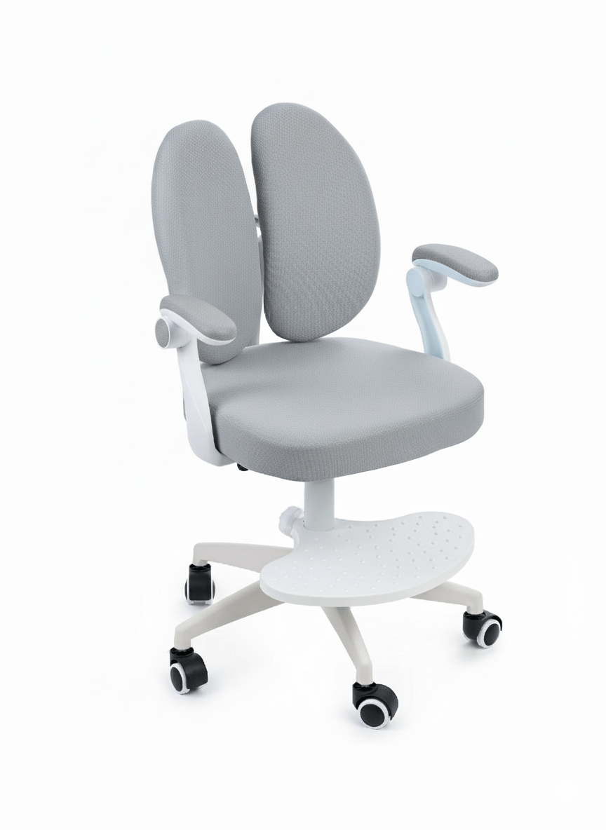 Scaun ergonomic onuvio® reglabil pentru clasele primare - invățarea poziției corecte la birou, suport pentru picioare, manere rabatabile, material rezistent la uzură, murdărie și lichide, cu roti autoblocante - gri