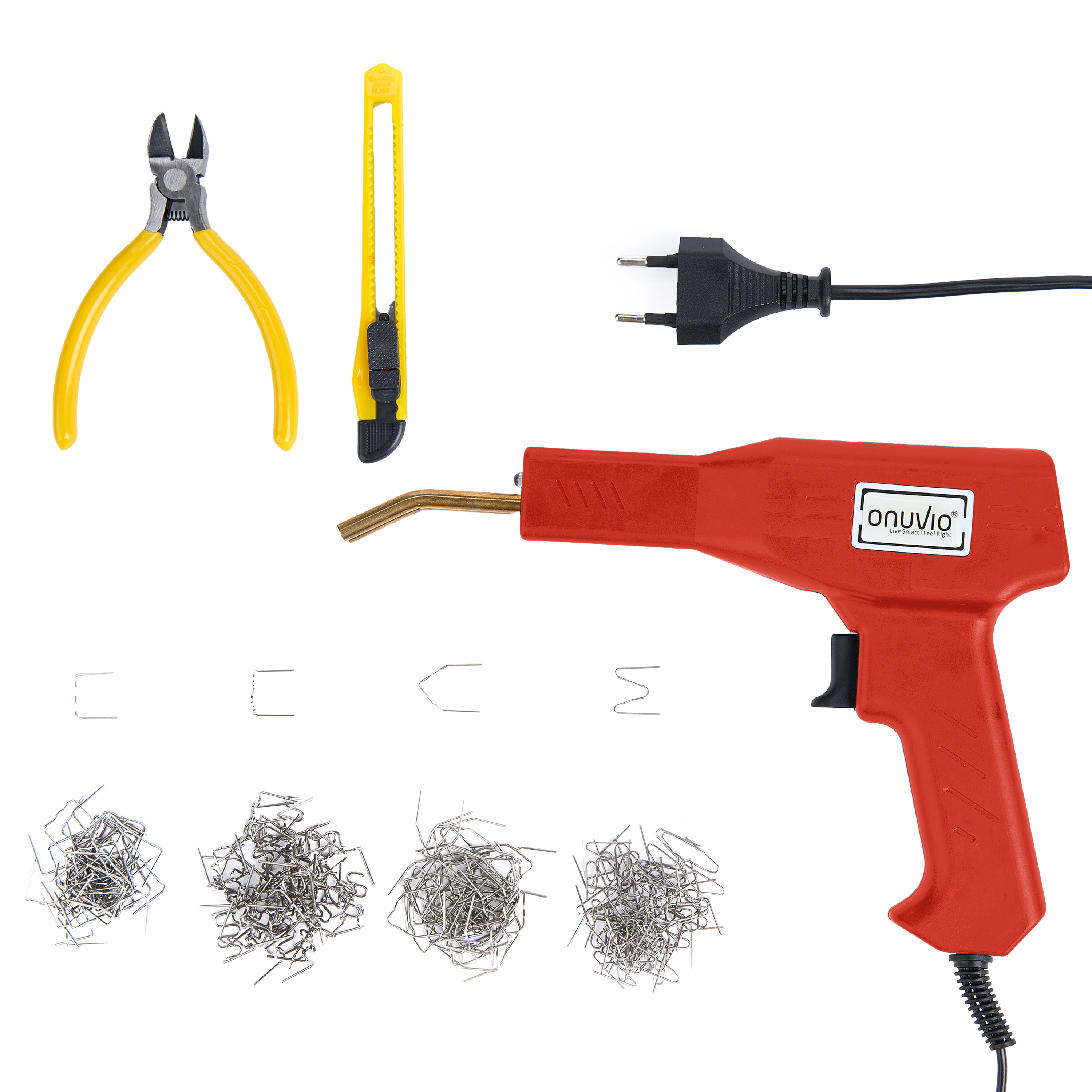 Set pistol 50w și capse pentru lipit plastic onuvio™, trusa pentru sudat plastic, kit pentru repararea fisurilor din plastic, 200 capse incluse, fara cutie transport - rosu mat