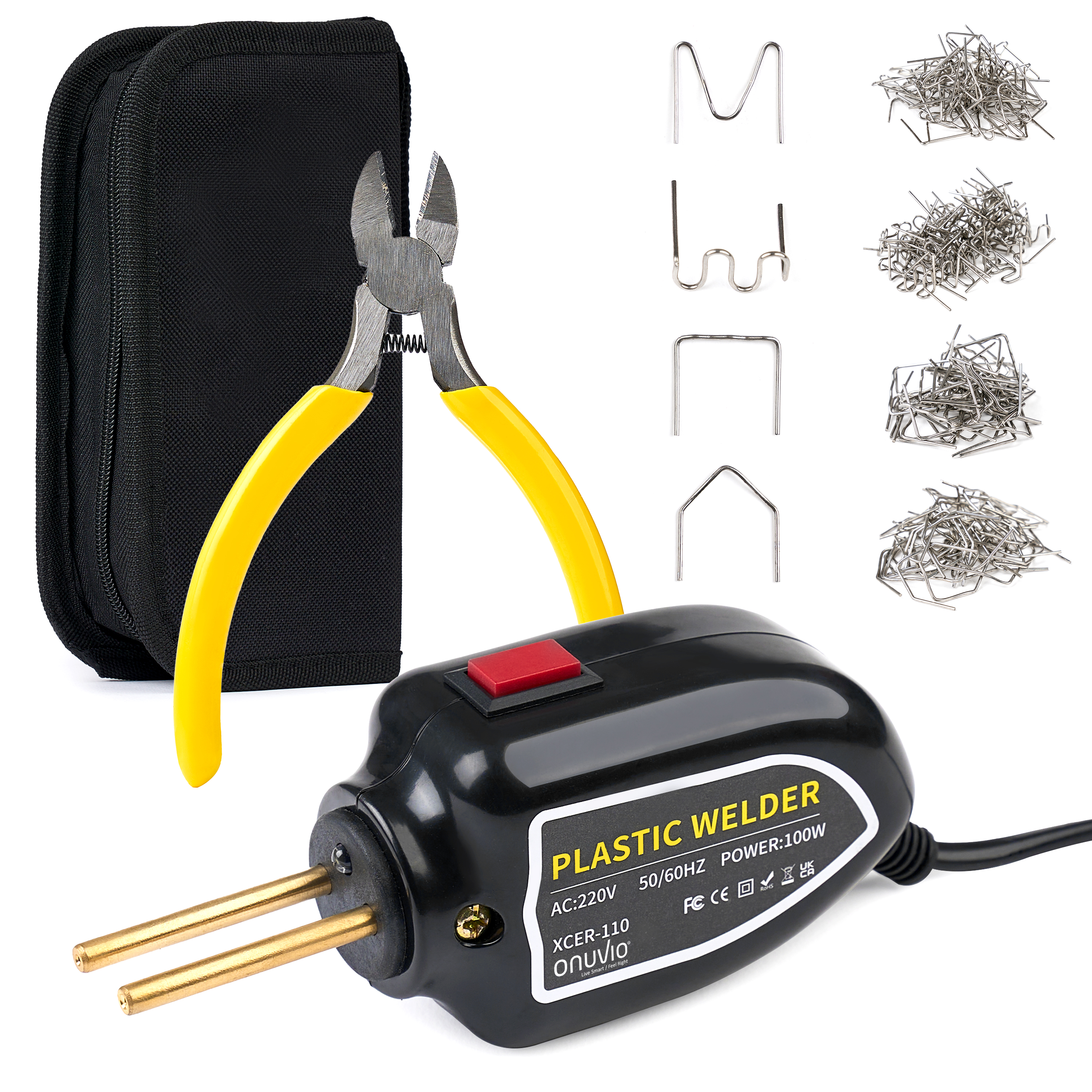 Set Pistol 100W și Capse pentru Lipit Plastic Onuvio™, Trusa pentru sudat plastic, kit pentru repararea fisurilor din plastic pentru bare auto, 200 capse si geanta transport inclusa