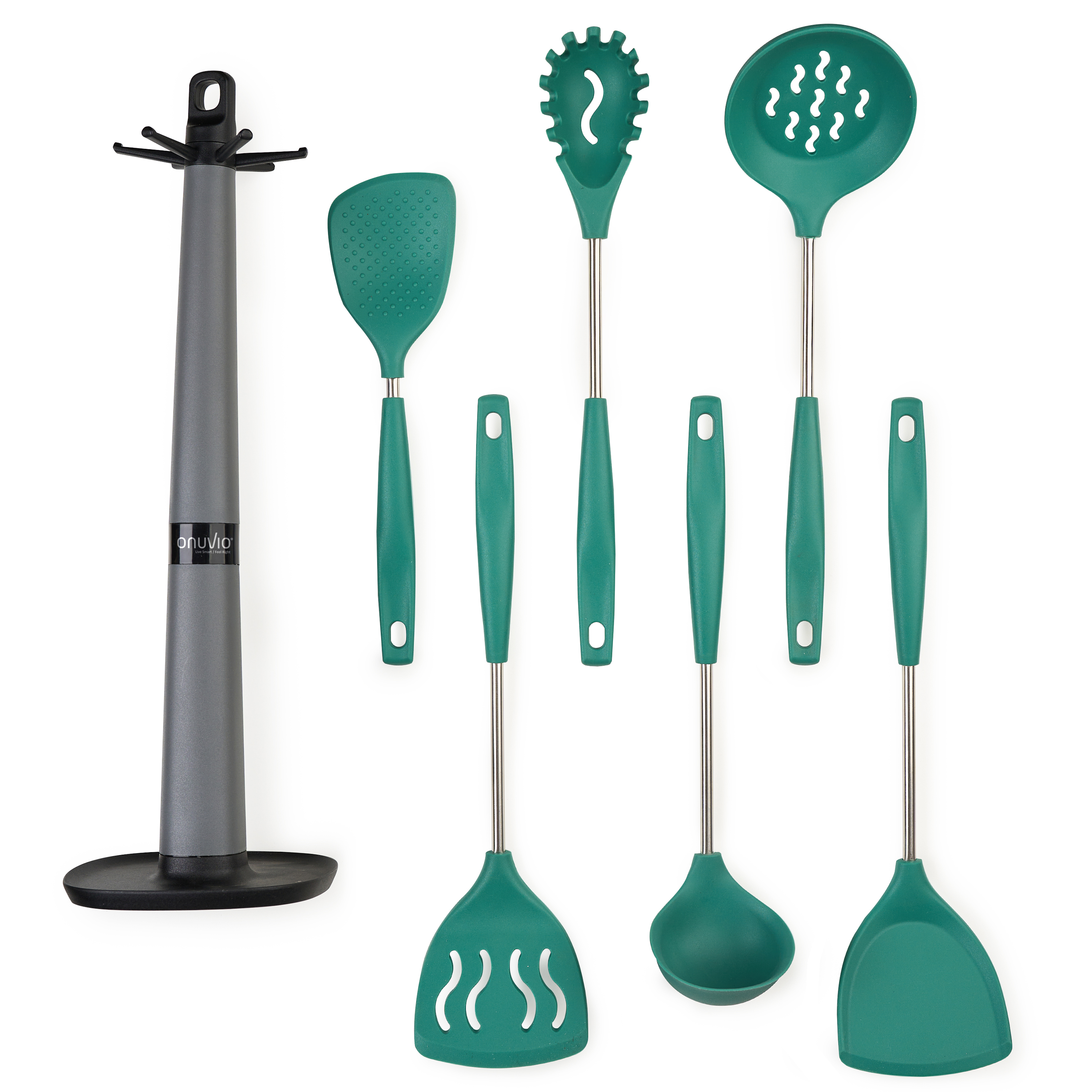 Set 6 ustensile bucătărie din silicon cu suport de blat tip cârlig – termorezistente, antiaderente și fără bpa, onuvio® - verde