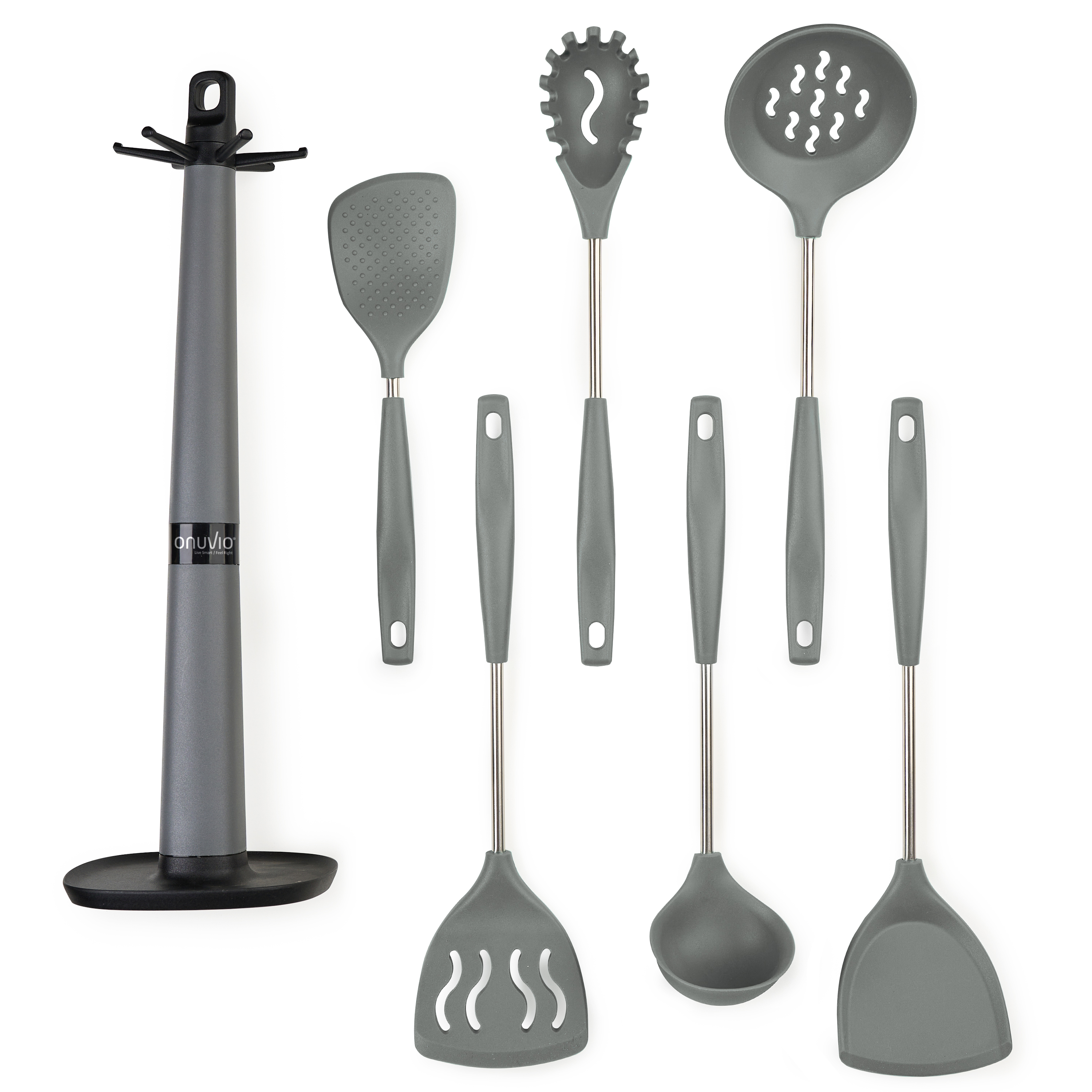 Set 6 ustensile bucătărie din silicon cu suport de blat tip cârlig – termorezistente, antiaderente și fără bpa, onuvio® - gri