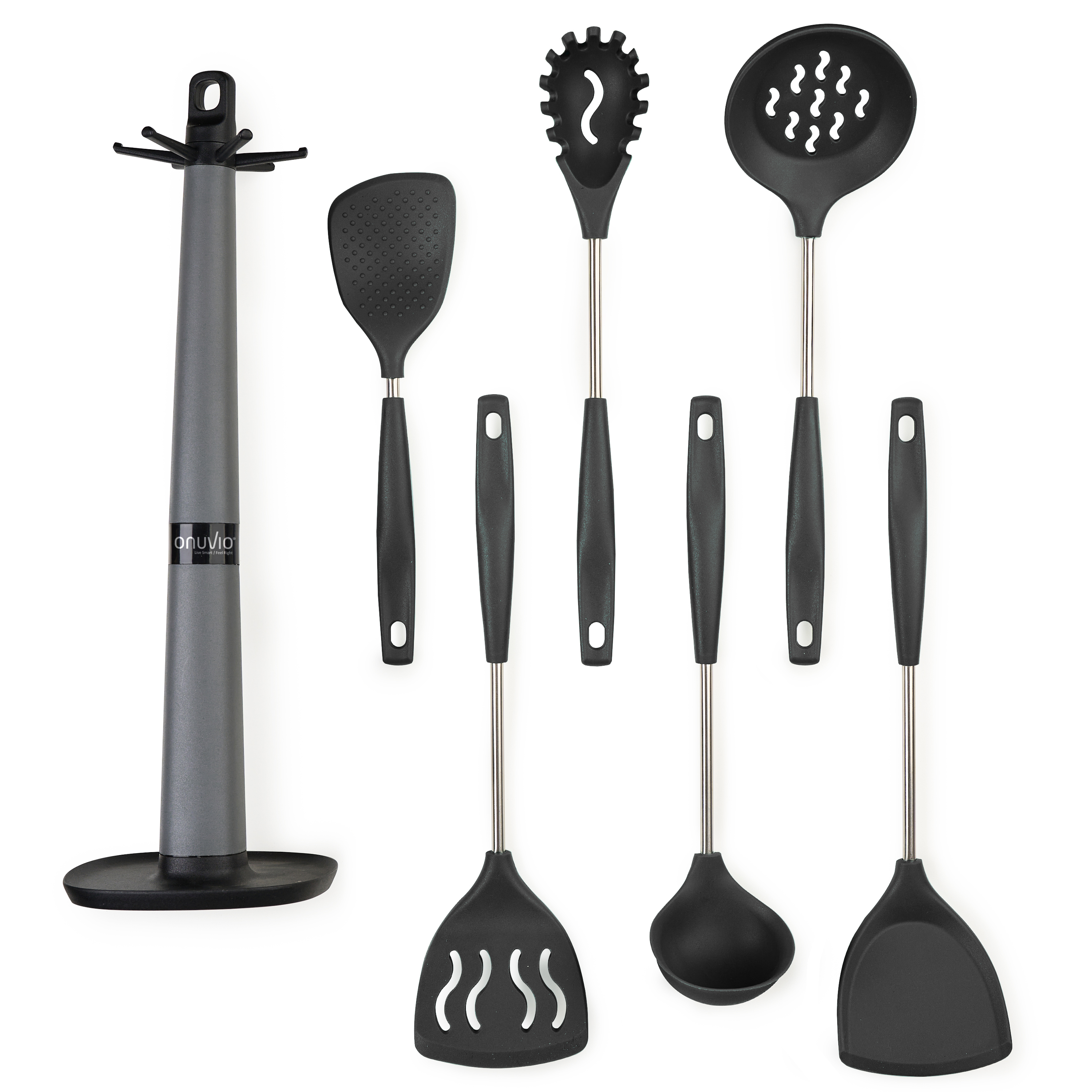 Set 6 ustensile bucătărie din silicon cu suport de blat tip cârlig – termorezistente, antiaderente și fără bpa, onuvio® - negru