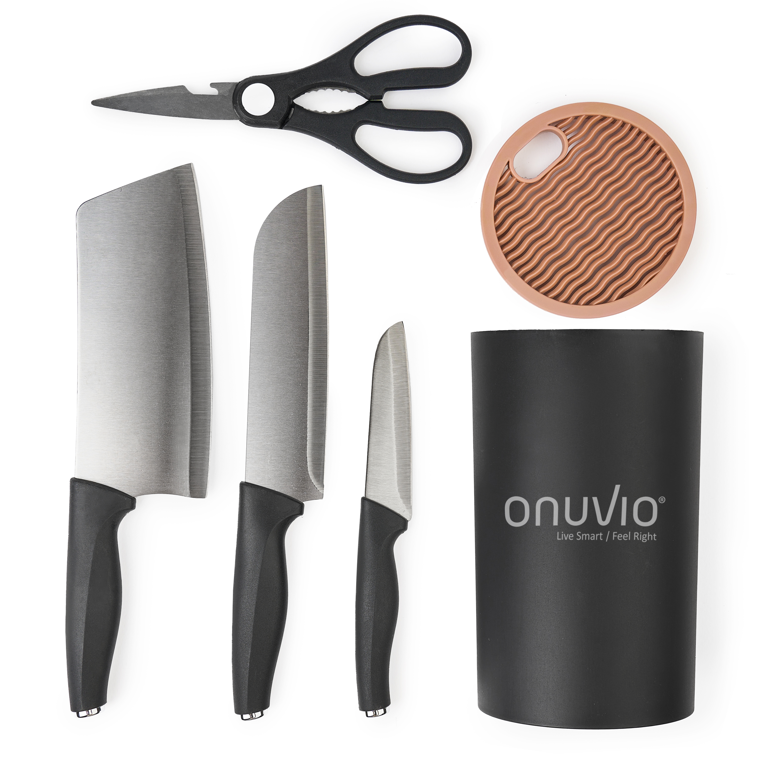 Set de cutite pentru bucatarie Onuvio®, 5 piese pentru  folosire zilnica, Foarfeca, Cutit Chef, Cutit decojit, Suport pentru Blat, Negru