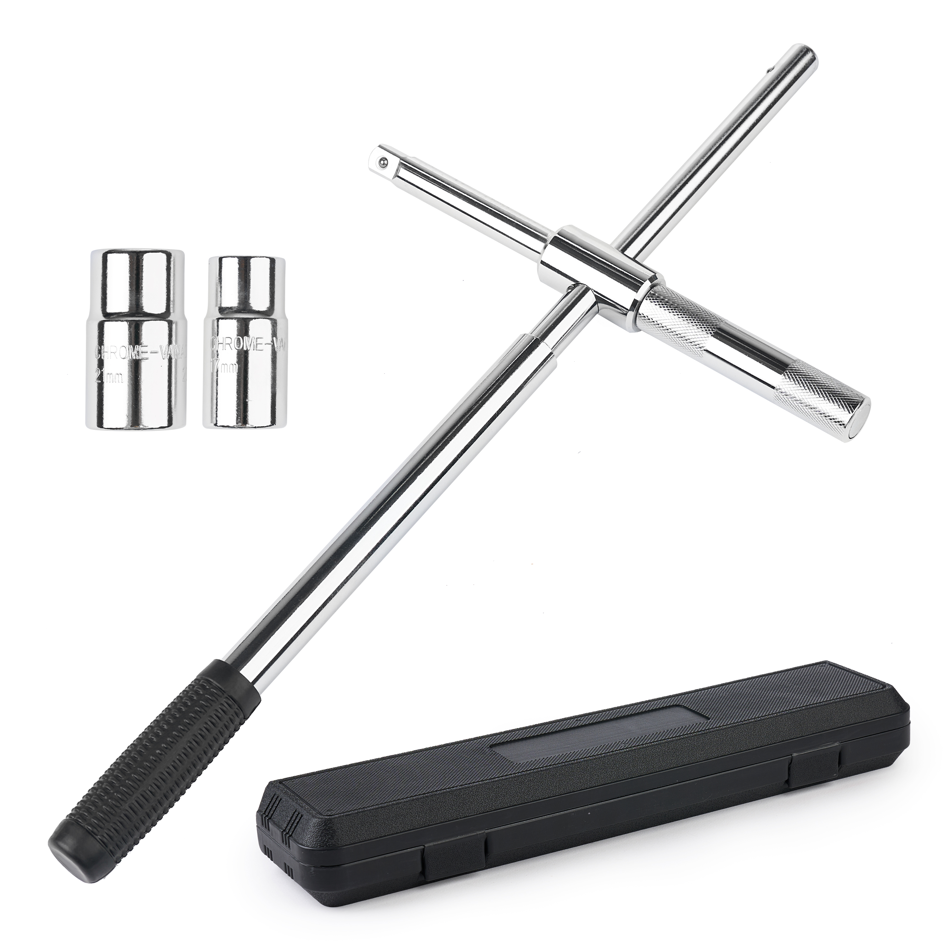 Coarba / cheie de roti universala Onuvio cu set de tubulare si cutie transport pentru piulite de anvelope cu dimensiuni de 17/19 mm si 21/23 mm, parghie lunga, rezistenta si retractabila, ideala pentru inlocuirea anvelopelor la auto, furgonete