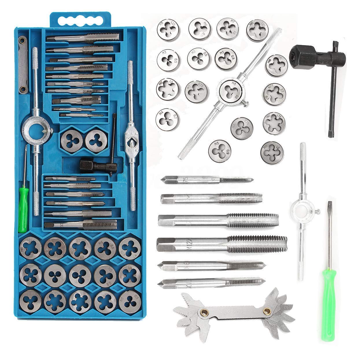 Set 40 de Piese Tarozi și Filiere din Oțel Aliaj Onuvio®, pentru Tăierea și Formarea Filetelor, Inclusiv Șubler pentru Verificarea Filetelor Metric - Ideal pentru Mecanica și Proiecte DIY