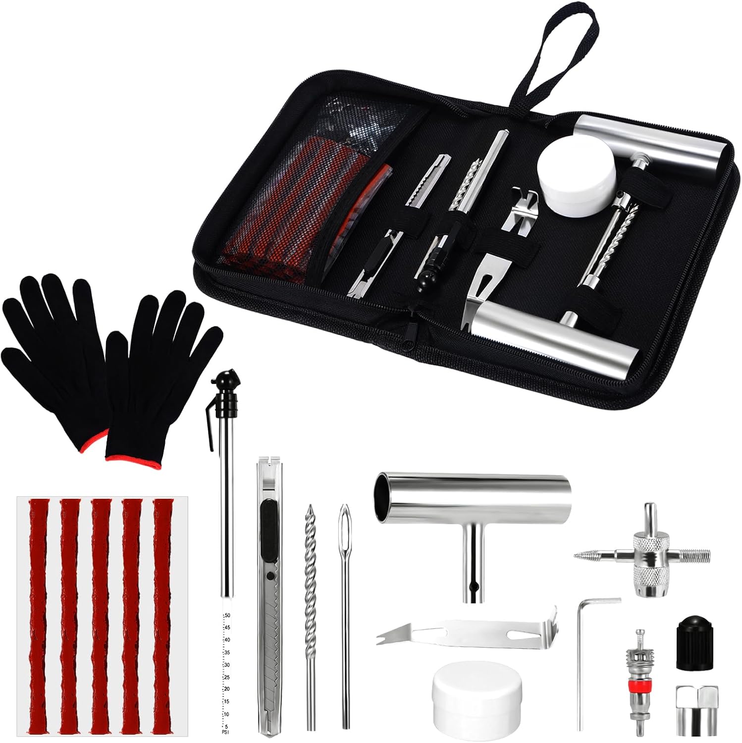 Kit Vulcanizare pentru Reparatie Pana Anvelope, Onuvio®, 62 Piese, Snur Cauciuc Reparare Pana Anvelope Tubeless, Maner Metalic si Cutie Depozitare si tansport, Ventile, Portabil