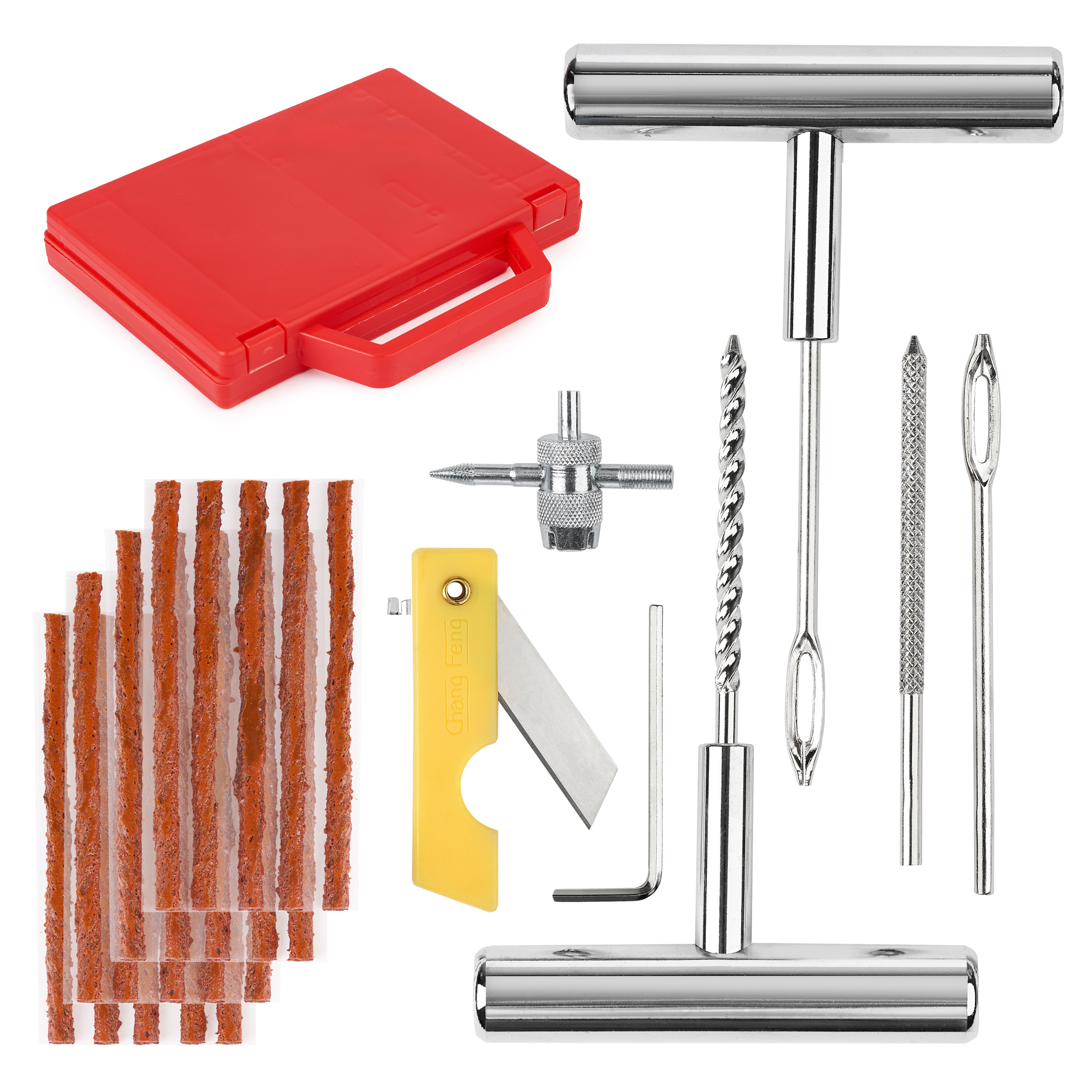 Kit Vulcanizare pentru Reparatie Pana Anvelope, Onuvio®, 28 Piese, Snur Cauciuc Reparare Pana Anvelope Tubeless, Maner Metalic si Cutie Depozitare si tansport, Portabil