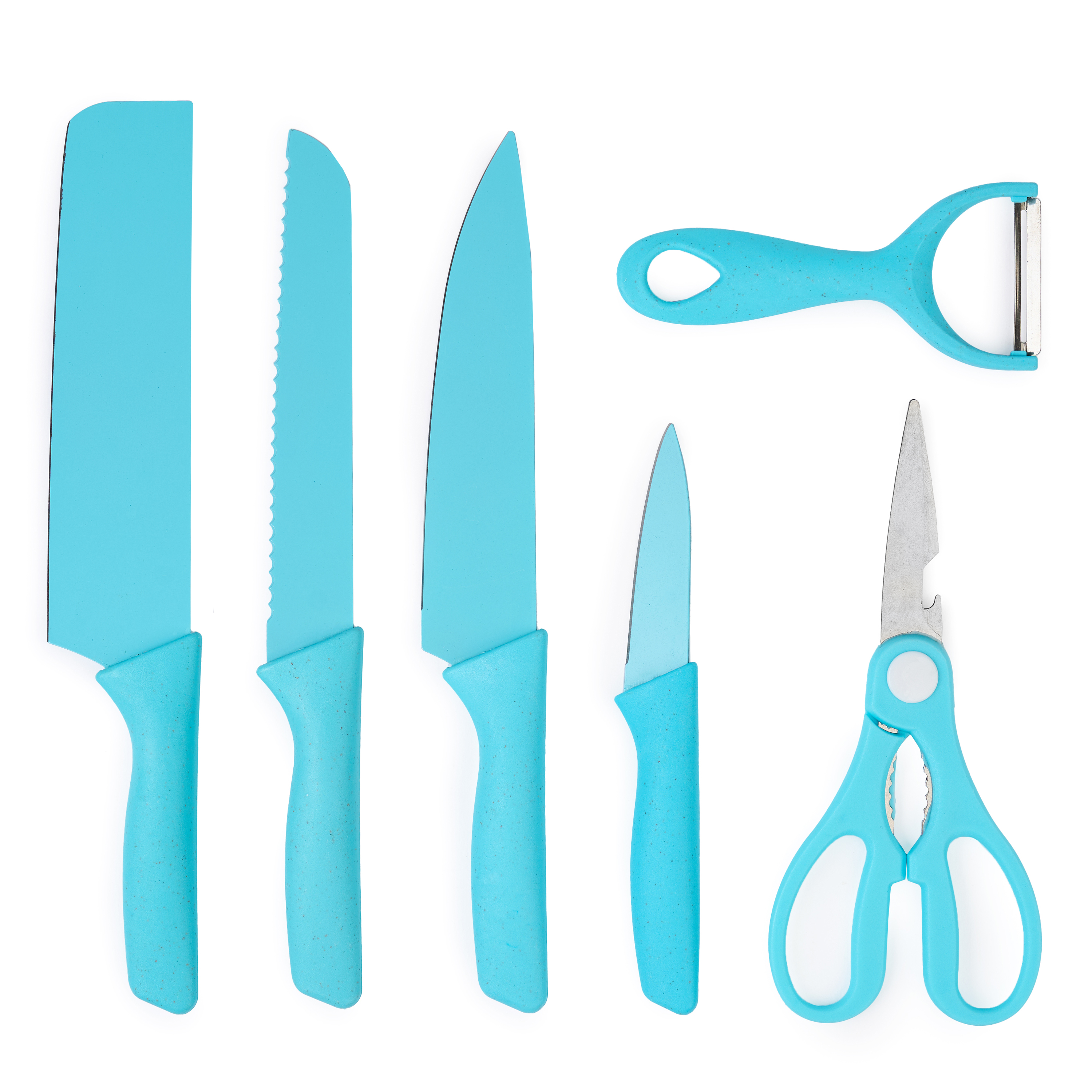 Set cutite onuvio, 6 piese - cuțit de chef, cuțit de pâine, satăr, ustensilă pentru decojit, foarfecă alimentară, cutit pentru fructe și legume, aliaj 3cr13 anticoroziv, colorate și cu strat protector antiaderent - albastru