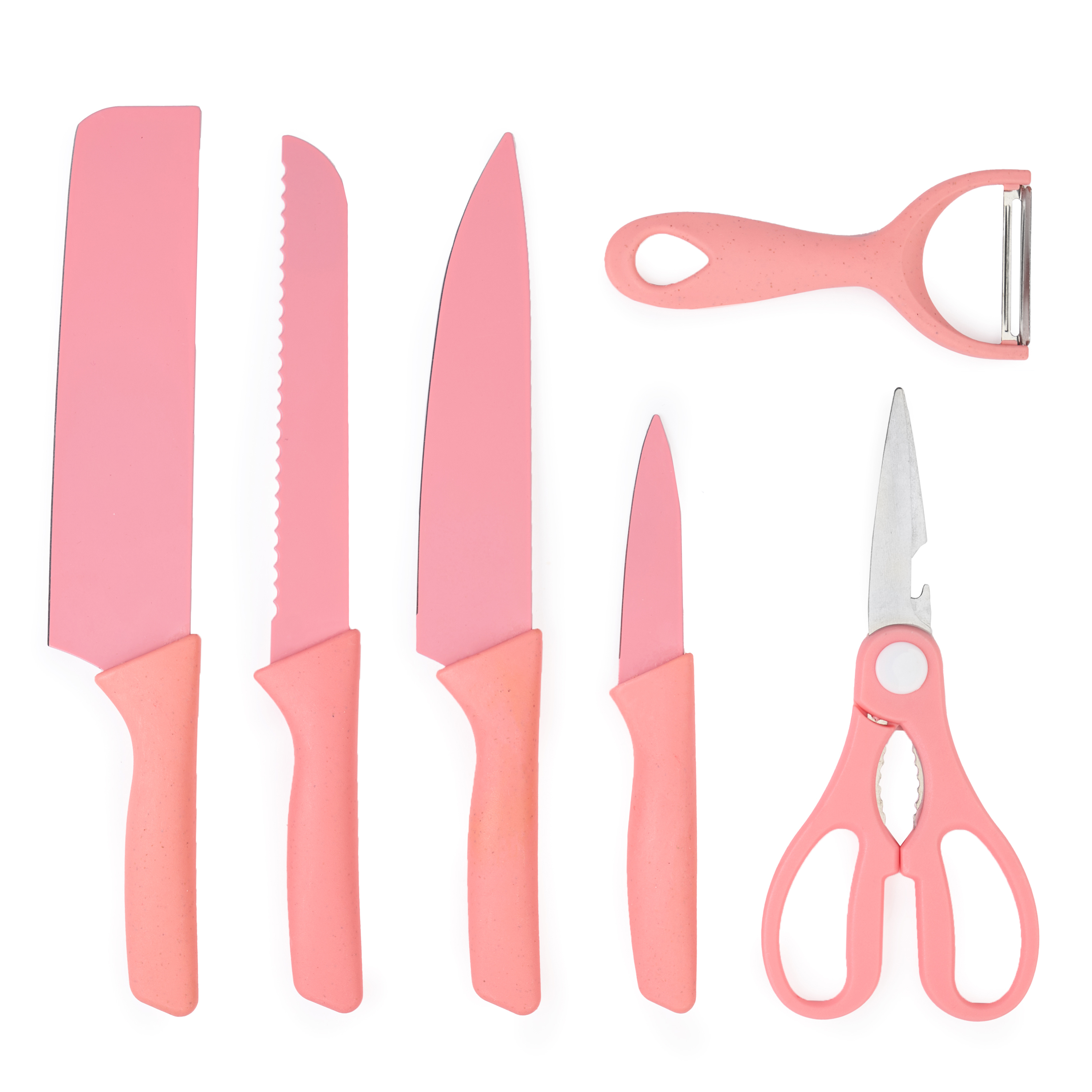 Set cutite onuvio, 6 piese - cuțit de chef, cuțit de pâine, satăr, ustensilă pentru decojit, foarfecă alimentară, cutit pentru fructe și legume, aliaj 3cr13 anticoroziv, colorate și cu strat protector antiaderent - roz