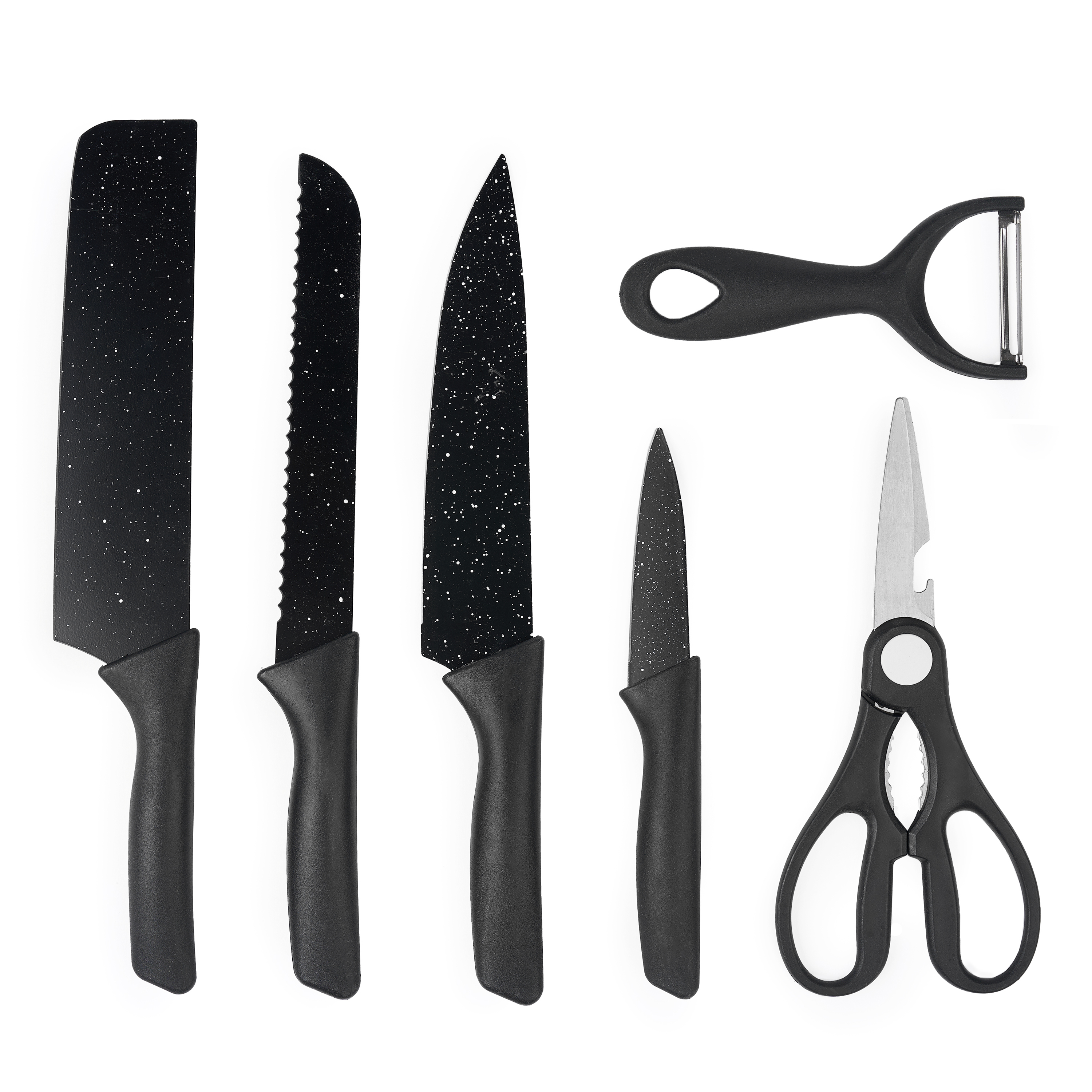 Set cutite onuvio, 6 piese - cuțit de chef, cuțit de pâine, satăr, ustensilă pentru decojit, foarfecă alimentară, cutit pentru fructe și legume, aliaj 3cr13 anticoroziv, colorate și cu strat protector antiaderent - negru