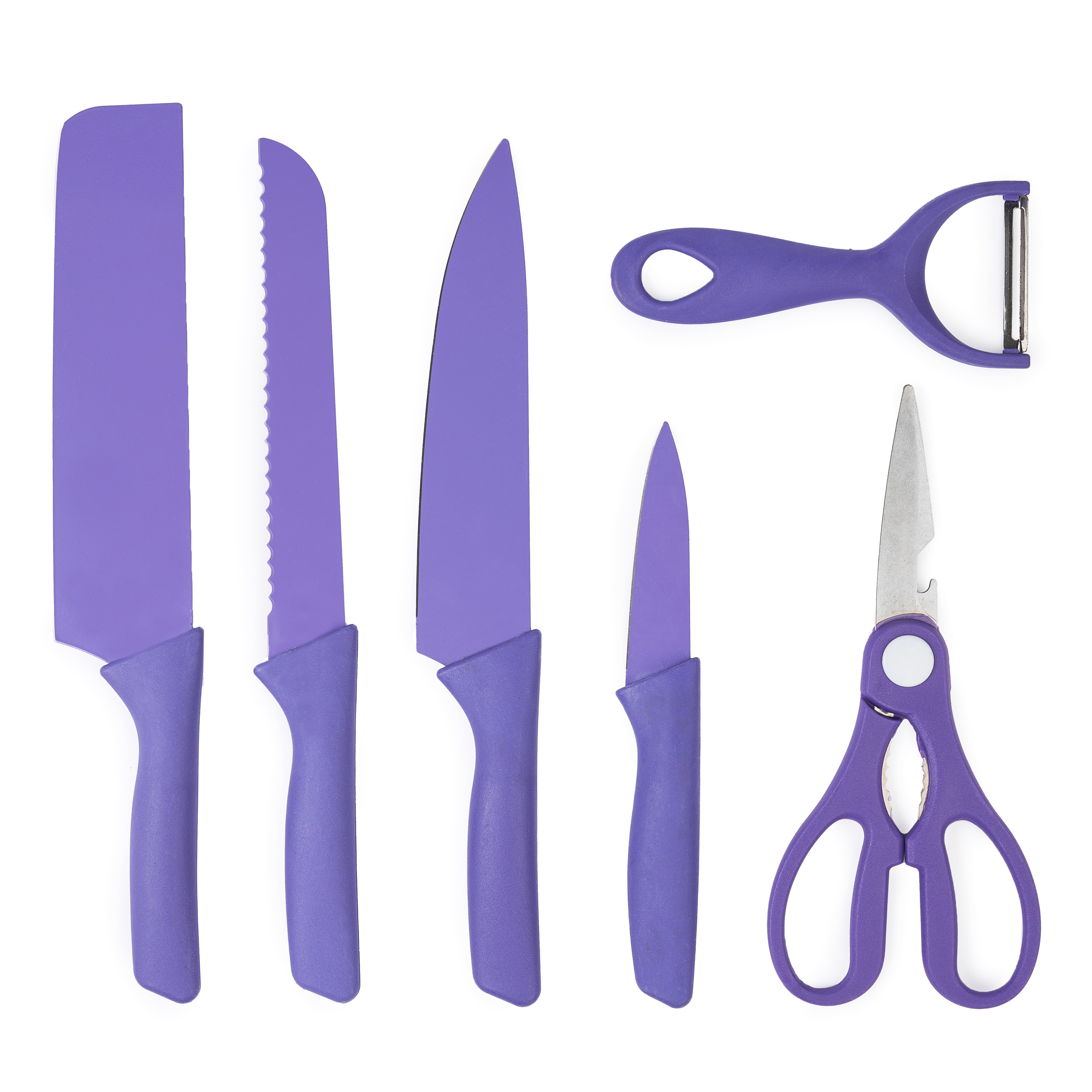 Set cutite onuvio, 6 piese - cuțit de chef, cuțit de pâine, satăr, ustensilă pentru decojit, foarfecă alimentară, cutit pentru fructe și legume, aliaj 3cr13 anticoroziv, colorate și cu strat protector antiaderent - mov