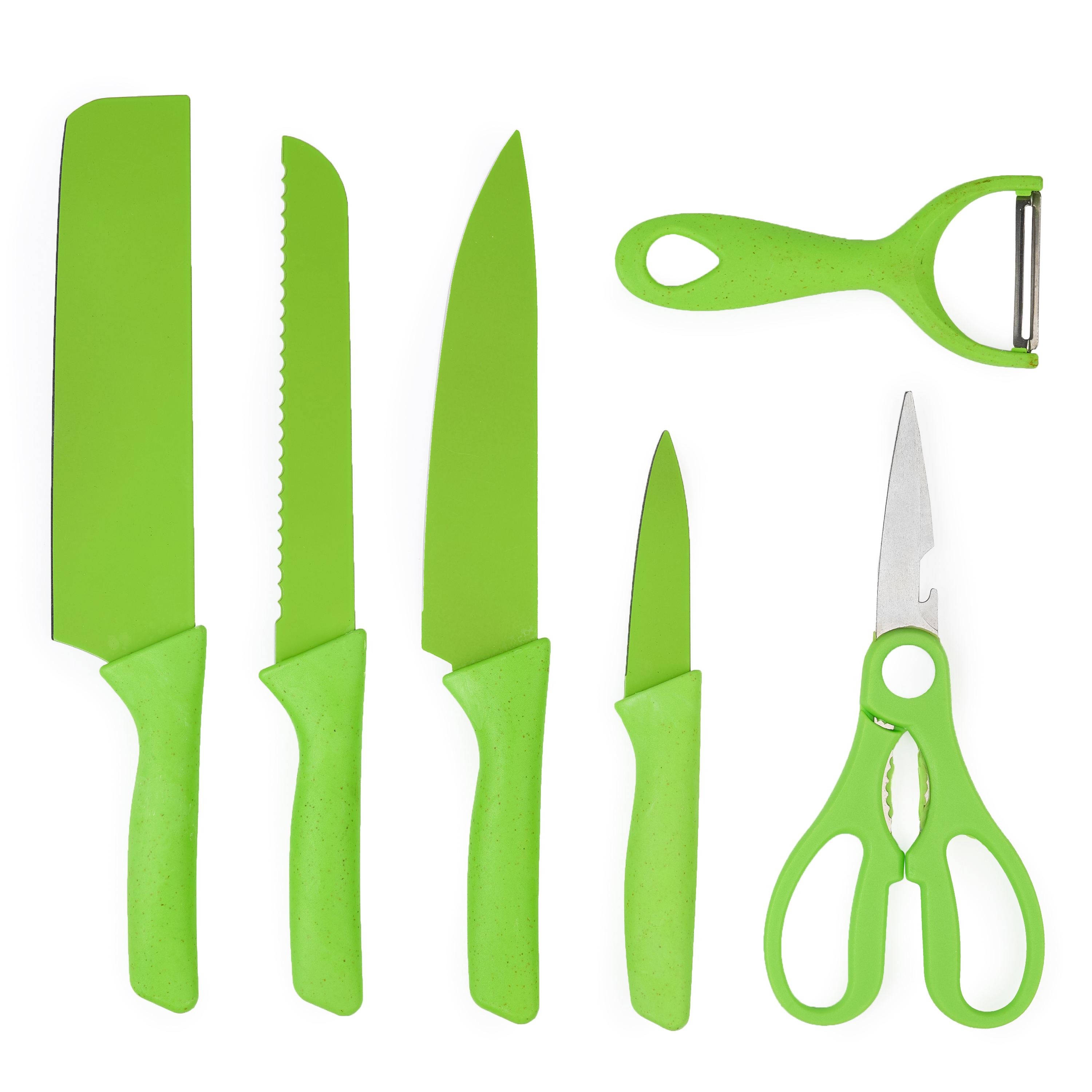 Set cutite onuvio, 6 piese - cuțit de chef, cuțit de pâine, satăr, ustensilă pentru decojit, foarfecă alimentară, cutit pentru fructe și legume, aliaj 3cr13 anticoroziv, colorate și cu strat protector antiaderent - verde