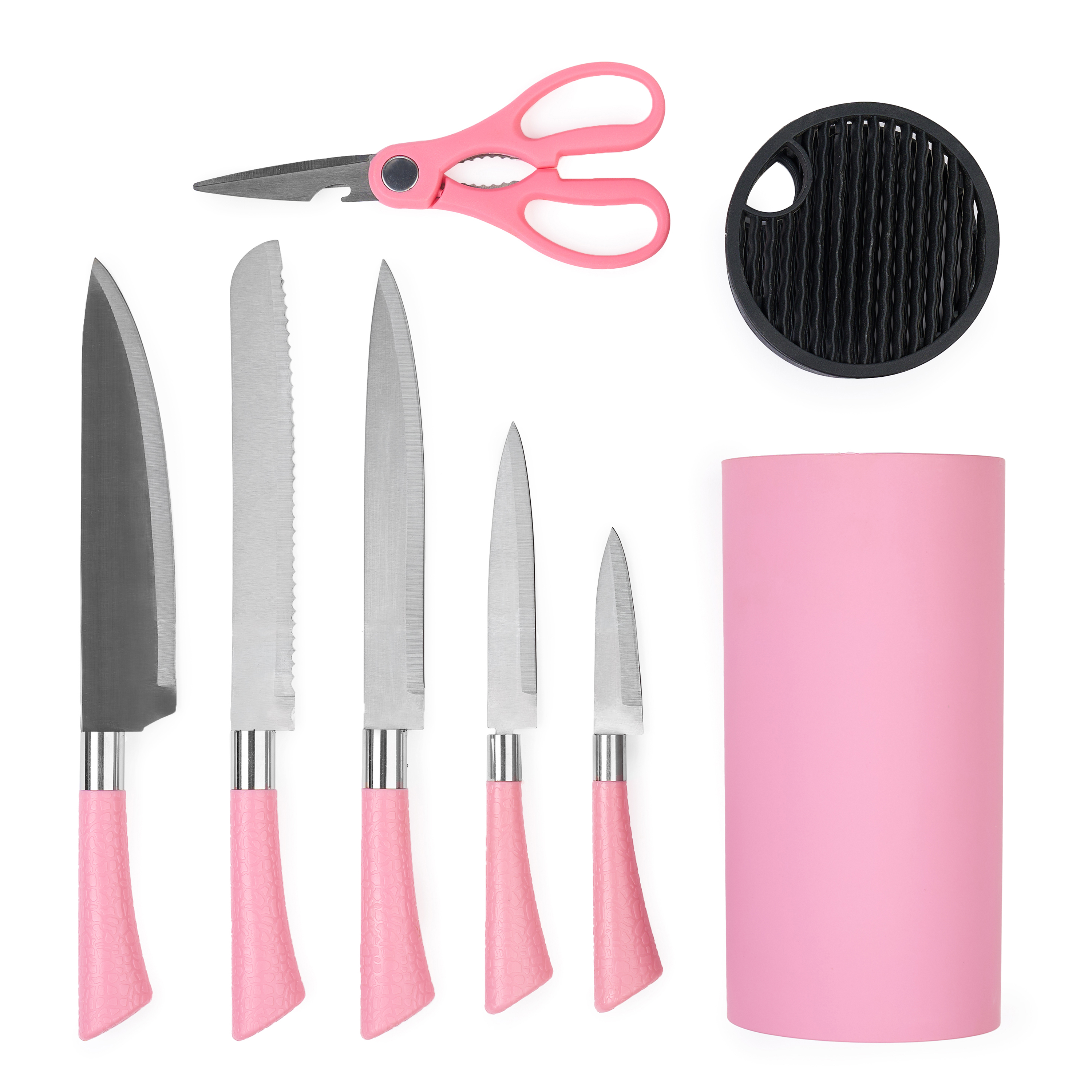 Set premium de cuțite onuvio, 5 piese cu suport rotund de blat - include cuțit de chef, cuțit de panificație, cuțit de feliere, cuțit universal, cuțit pentru legume și fructe, aliaj 3cr13 anticoroziv, colorate - roz