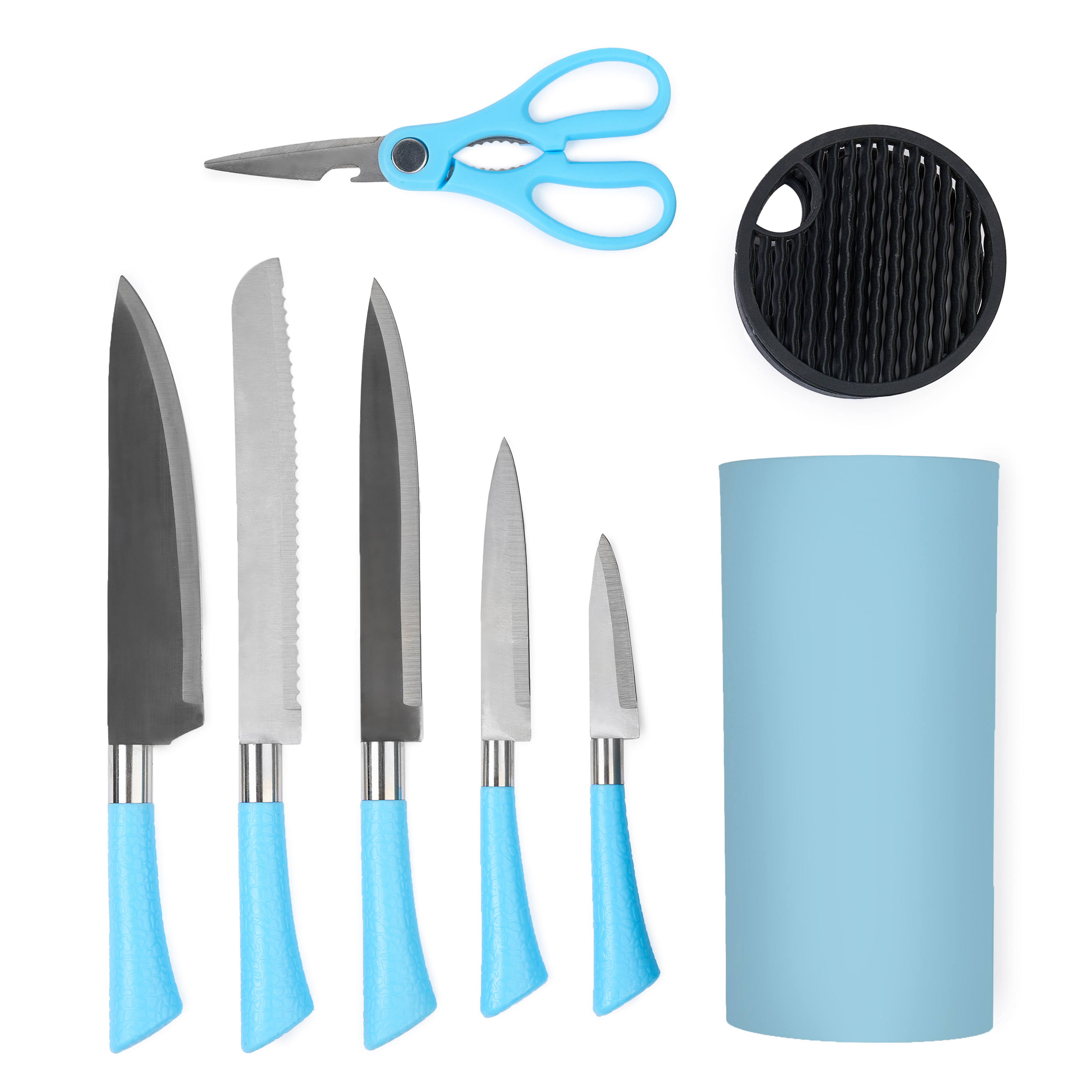 Set premium de cuțite onuvio, 5 piese cu suport rotund de blat - include cuțit de chef, cuțit de panificație, cuțit de feliere, cuțit universal, cuțit pentru legume și fructe, aliaj 3cr13 anticoroziv, colorate - albastru