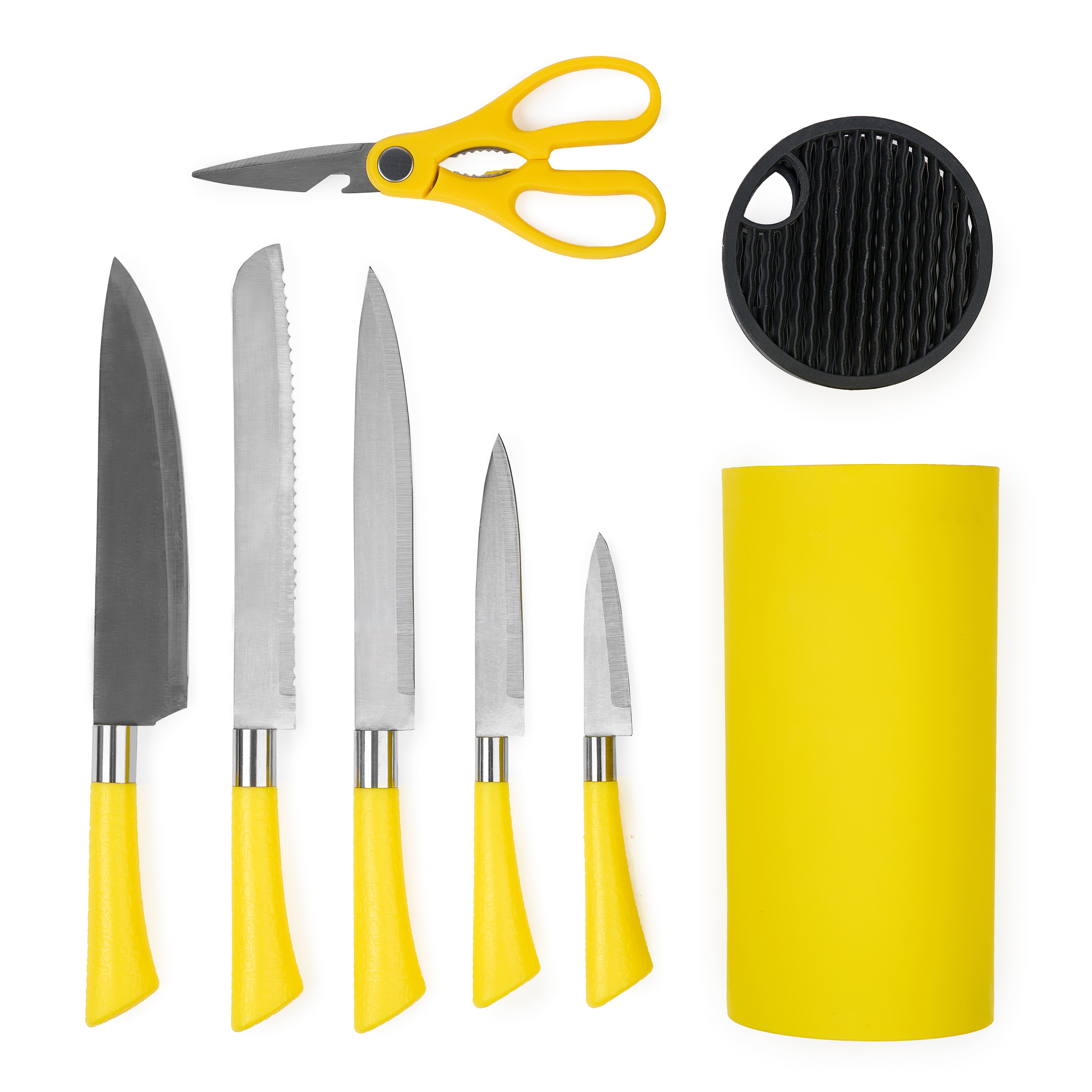 Set premium de cuțite onuvio, 5 piese cu suport rotund de blat - include cuțit de chef, cuțit de panificație, cuțit de feliere, cuțit universal, cuțit pentru legume și fructe, aliaj 3cr13 anticoroziv, colorate - galben