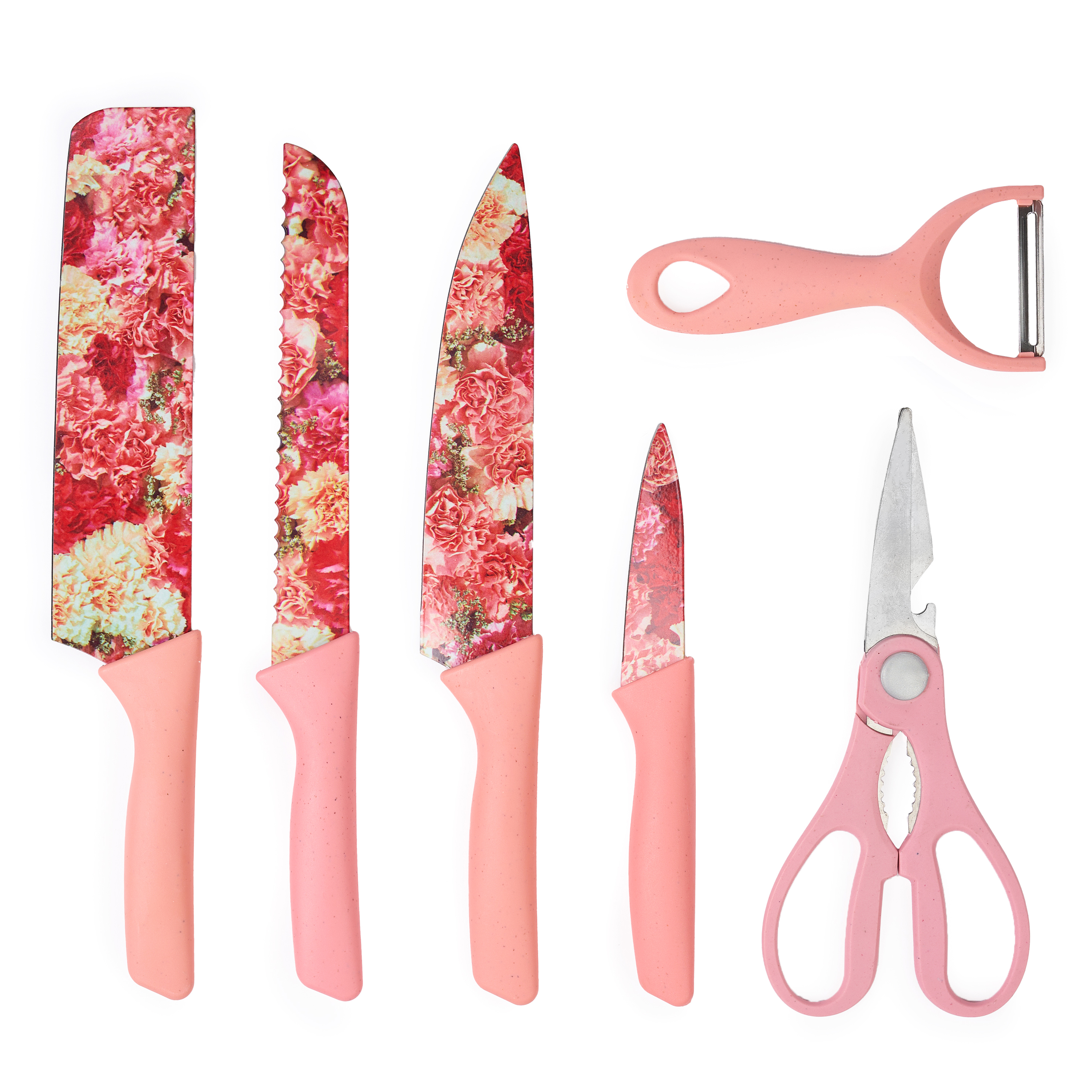 Set cutite onuvio, 6 piese - cuțit de chef, cuțit de pâine, satăr, ustensilă pentru decojit, foarfecă alimentară, cutit pentru fructe și legume, aliaj 3cr13 anticoroziv, colorate și cu strat protector antiaderent - roz