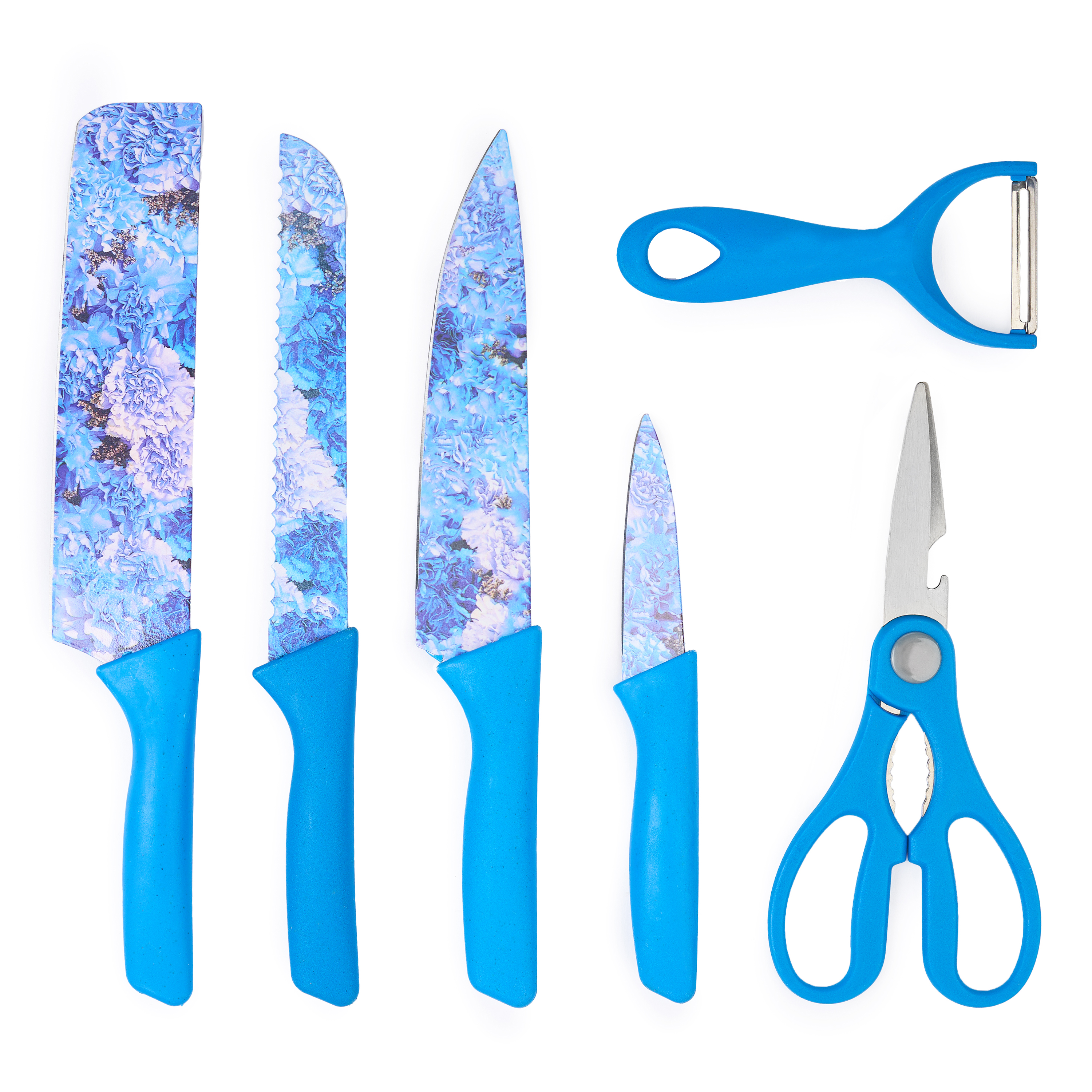Set cutite onuvio, 6 piese - cuțit de chef, cuțit de pâine, satăr, ustensilă pentru decojit, foarfecă alimentară, cutit pentru fructe și legume, aliaj 3cr13 anticoroziv, colorate și cu strat protector antiaderent - albastru