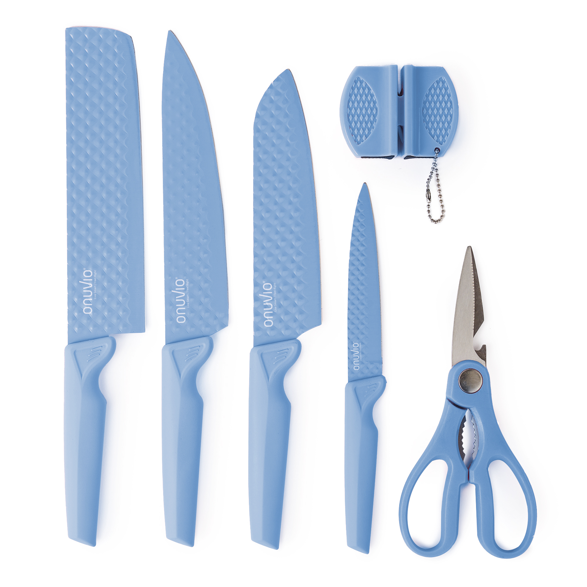Set Cuțite Onuvio®, 6 Piese, extrem de ascutite, folosire zilnica  Include Satar, Cuțit Santoku , Cuțit Chef, Cuțit pentru Legume și Fructe,foarfeca, dispozitiv ascutit, Albastru