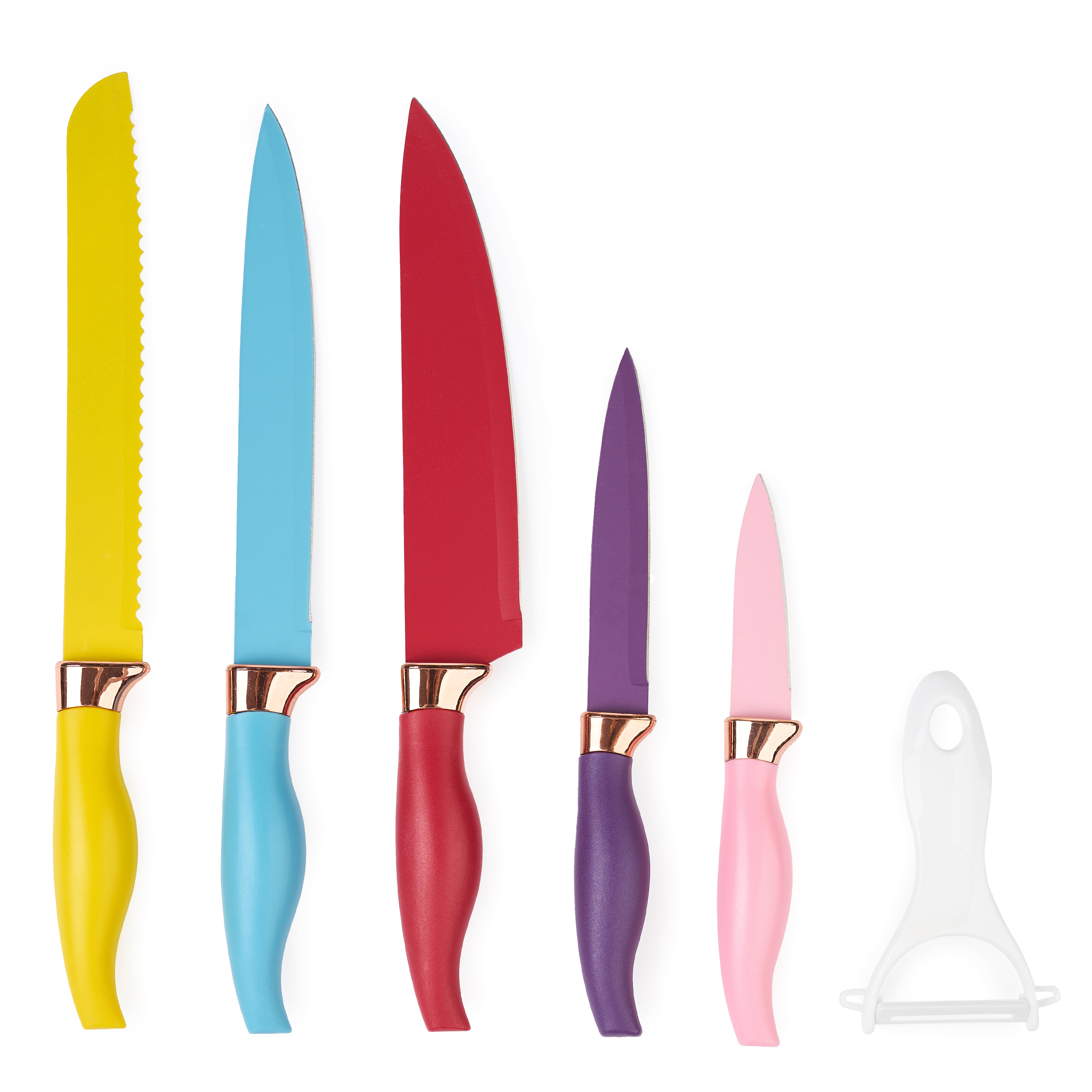 Set Premium de Cuțite Onuvio, 6 Piese - Include Cuțit de Chef, Cuțit de Panificație, Cuțit de Feliere, Cuțit Universal, Cuțit pentru Legume și Fructe și Ustensilă pentru Decojit, Aliaj 3Cr13 Anticoroziv, Strat Colorat Antiaderent