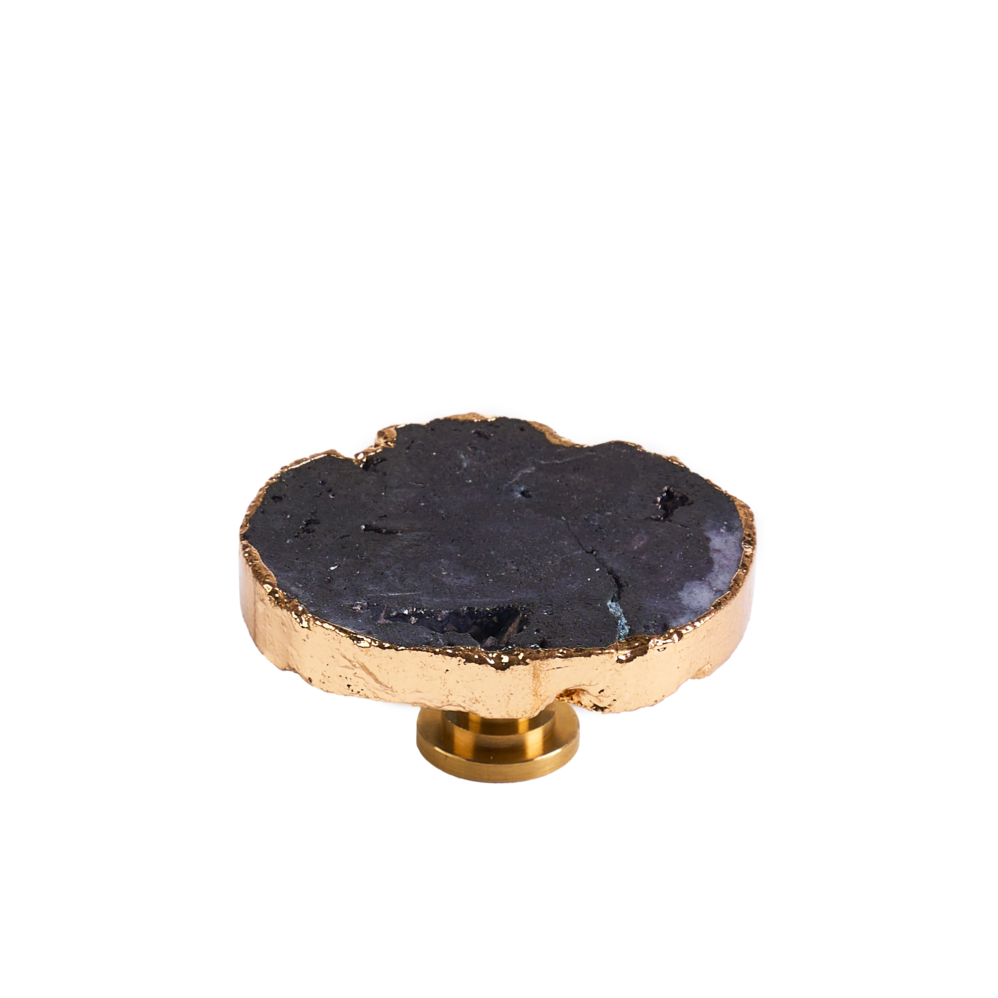 Maner mobilier tip buton onuvio™ din cristal natural și piatră semiprețioasă marime xl cu bază din alamă - design unic hand-made, model m10 - negru