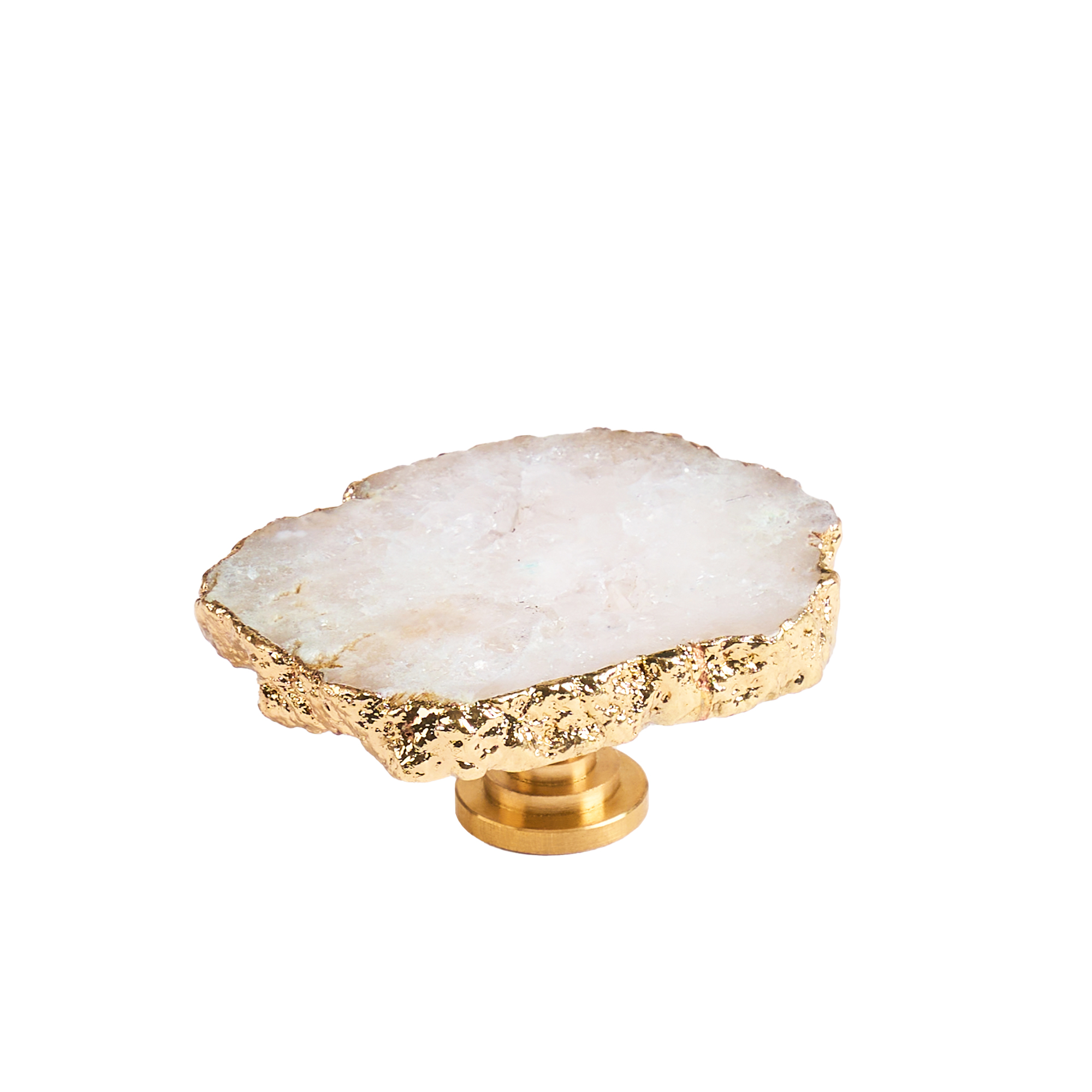 Maner mobilier tip buton onuvio™ din cristal natural și piatră semiprețioasă marime xl cu bază din alamă - design unic hand-made, model m10 - alb