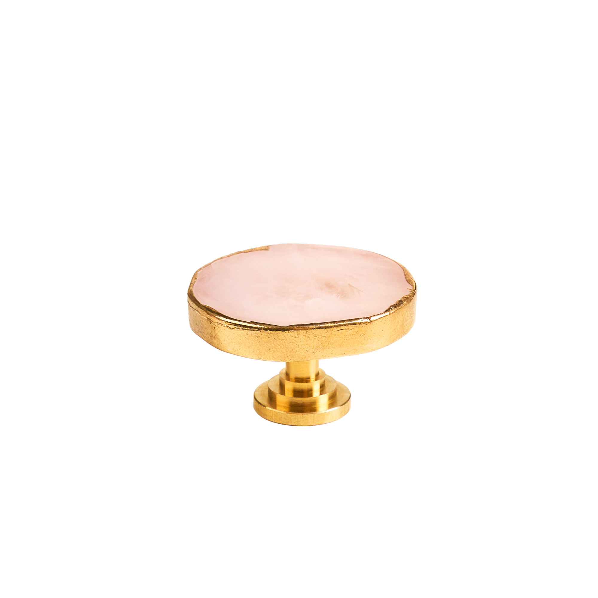 Maner mobilier tip buton onuvio™ din cristal natural și piatră semiprețioasă rotund cu insertii aurii si bază din alamă - design unic hand-made, model m14 - roz
