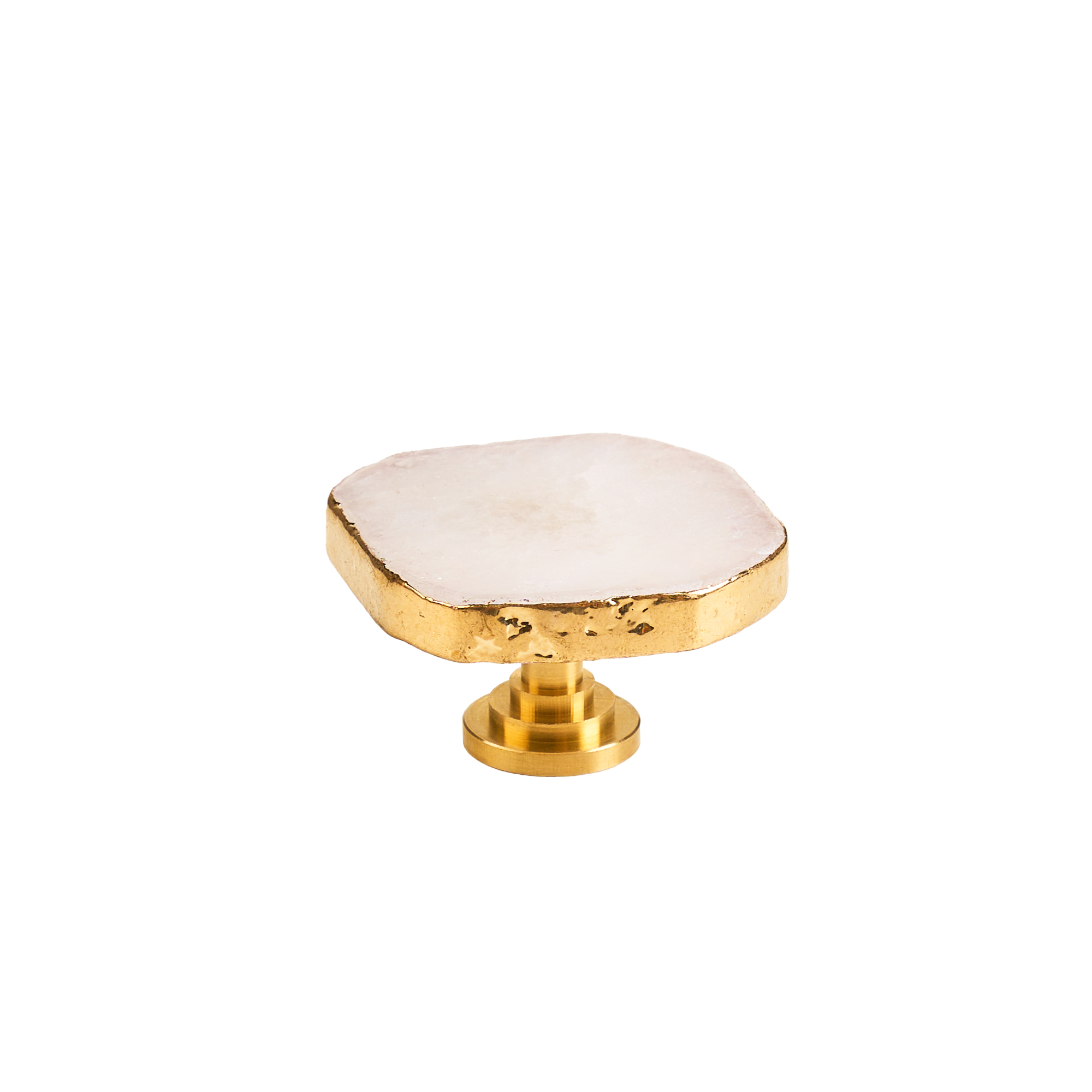 Maner mobilier tip buton onuvio™ din cristal natural și piatră semiprețioasă rotund cu insertii aurii si bază din alamă - design unic hand-made, model m14 - alb