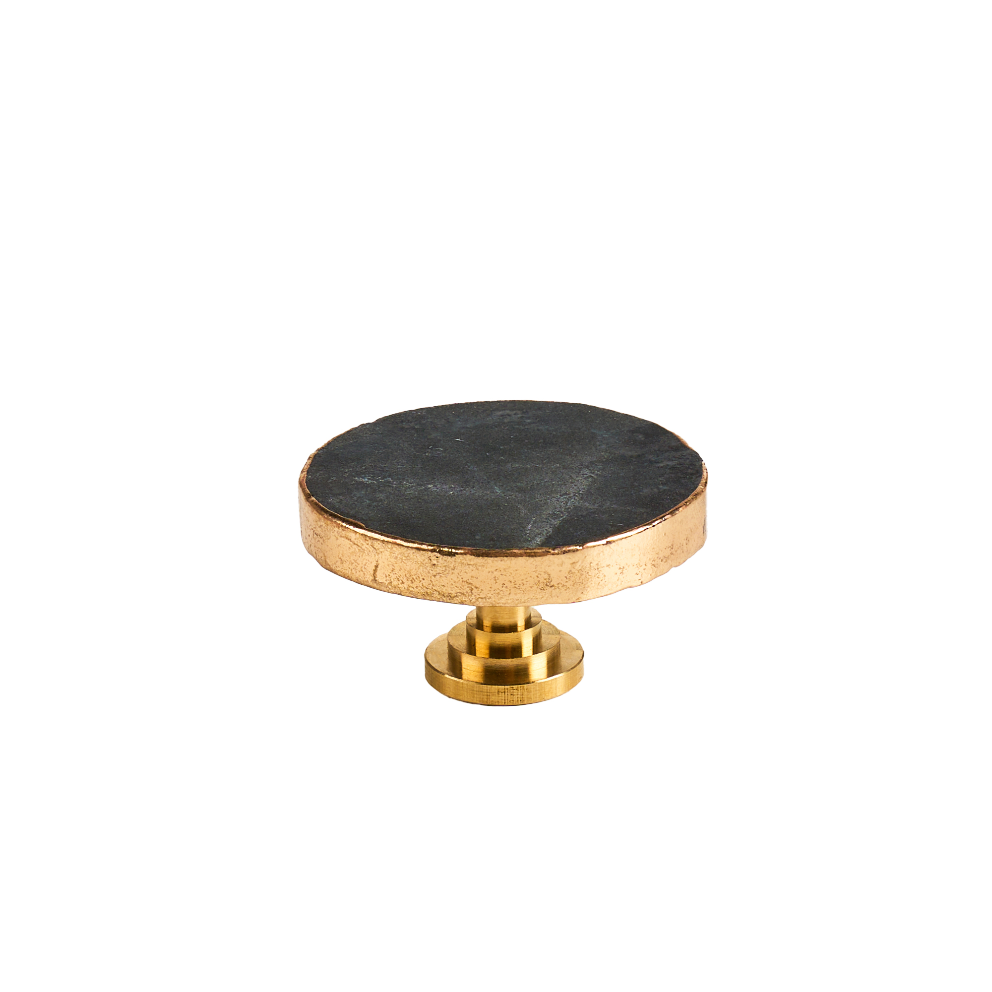 Maner mobilier tip buton onuvio™ din cristal natural și piatră semiprețioasă rotund cu insertii aurii si bază din alamă - design unic hand-made, model m14 - negru