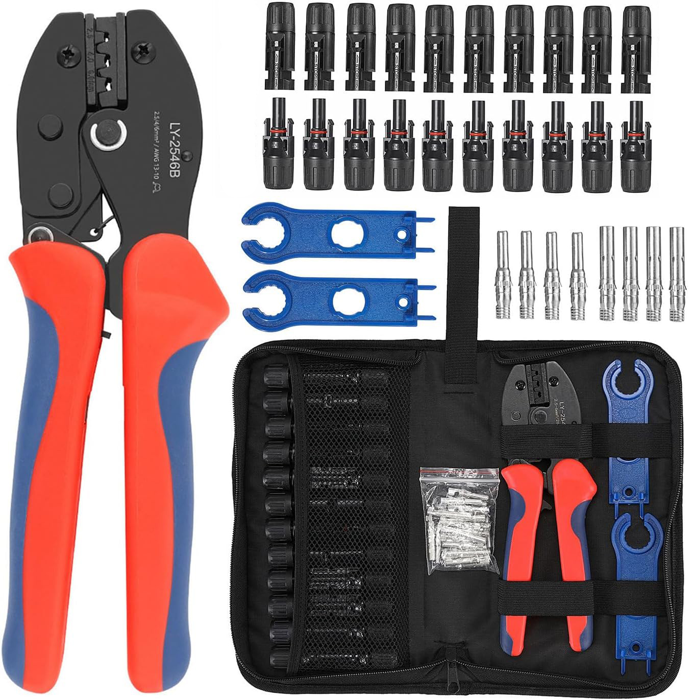 Set Sertizare Onuvio® pentru Cabluri Panouri Solare 2,5mm, 4mm, 6 mm, Cleste sertizare, 10 conectori MC4 mama-tata, 2 chei etansare si geanta depozitare 