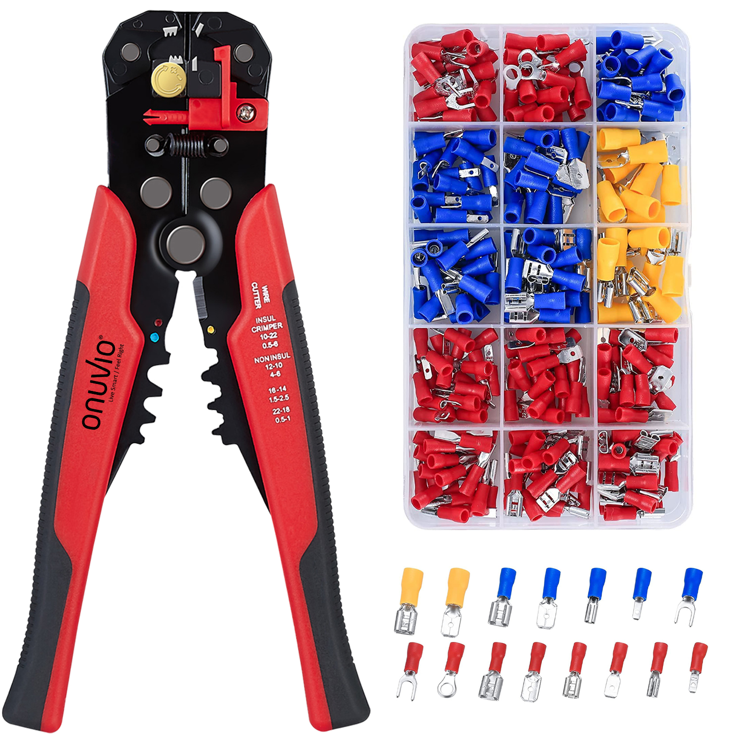 Set pentru Decablat si Sertizat, Cleste Dezizolare si 280 conectori terminali mama-tata, 0.2-6.0mm2 pt decablare, 0.5-6.0mm2 pt sertizare, Onuvio®