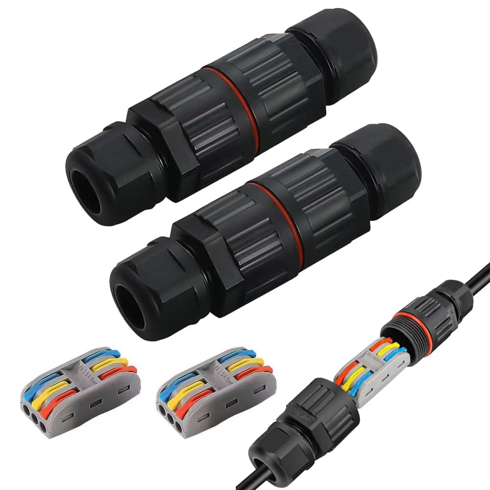 Set 2 Conectori Electrici Tubulari Ermetici pentru Exterior – Protecție Umiditate  IP68, Conexiune Rapidă cu Levier, 3 Poli, cablu 4-10mm, Onuvio®