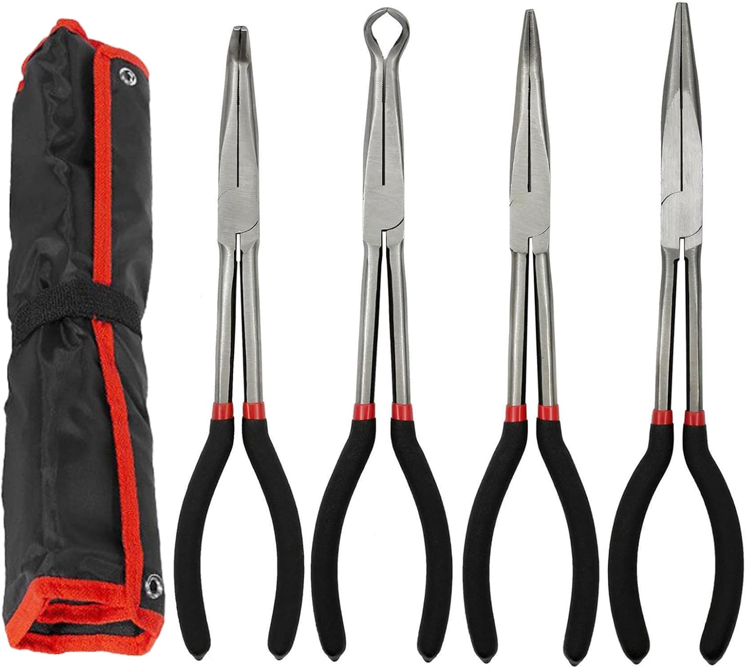 Set 4 Clești Profesionali Lungi 28 cm – Clește Drept, Clește Vârf 90°, Clește Vârf 45°, Clește Tip O pentru Furtun – Trusă de Scule Auto, Reparații, Bricolaj si HusaTransport, Onuvio®