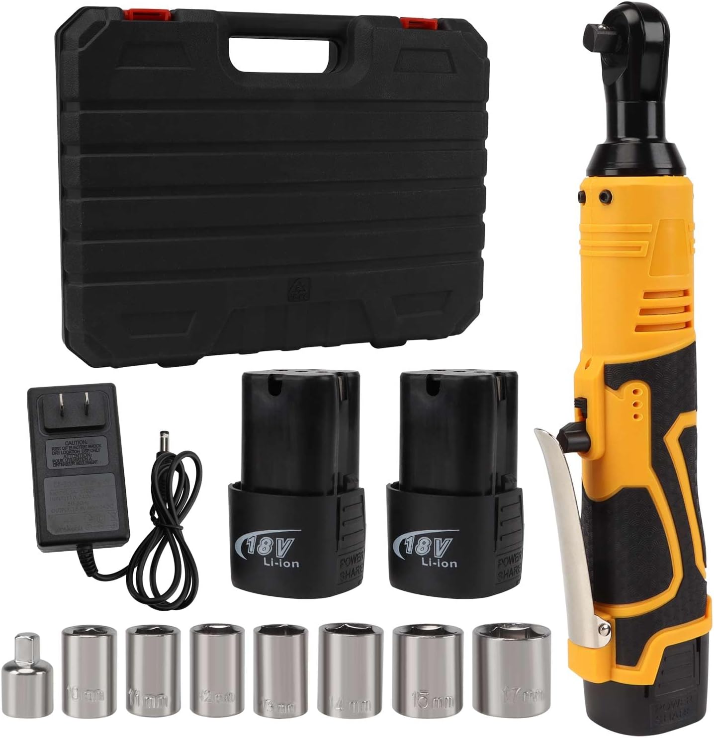 Cheie electrică cu clichet, unghi de 90°, acumulator 18V, 0-320 RPM, putere 60Nm, 7 chei tubulare incluse, LED integrat, adaptor 3/8