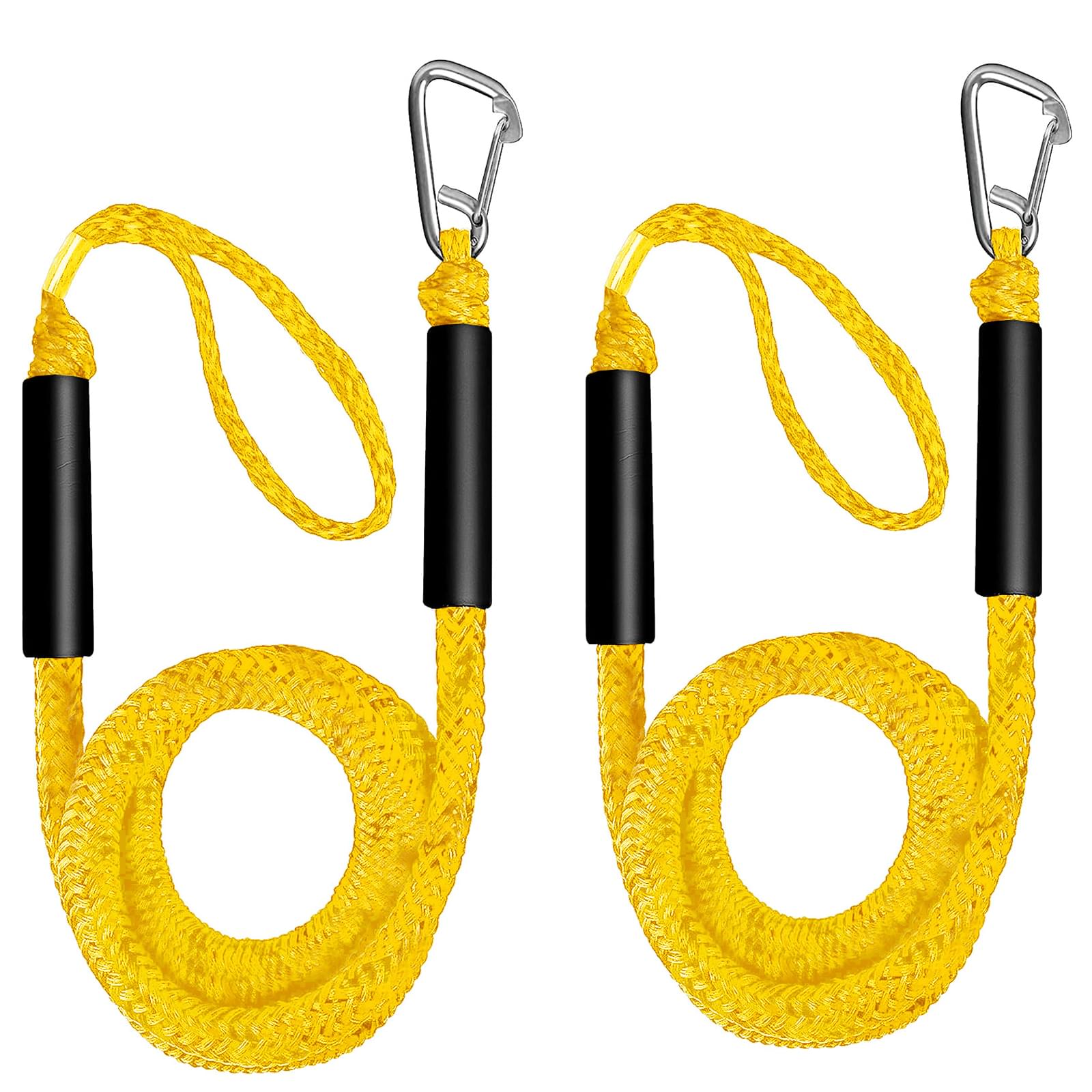 Set 2 parame elastice bungee 1,2–2,1 m cu carabină inox – mooring extensibil pentru barcă, ponton, jet ski - galben