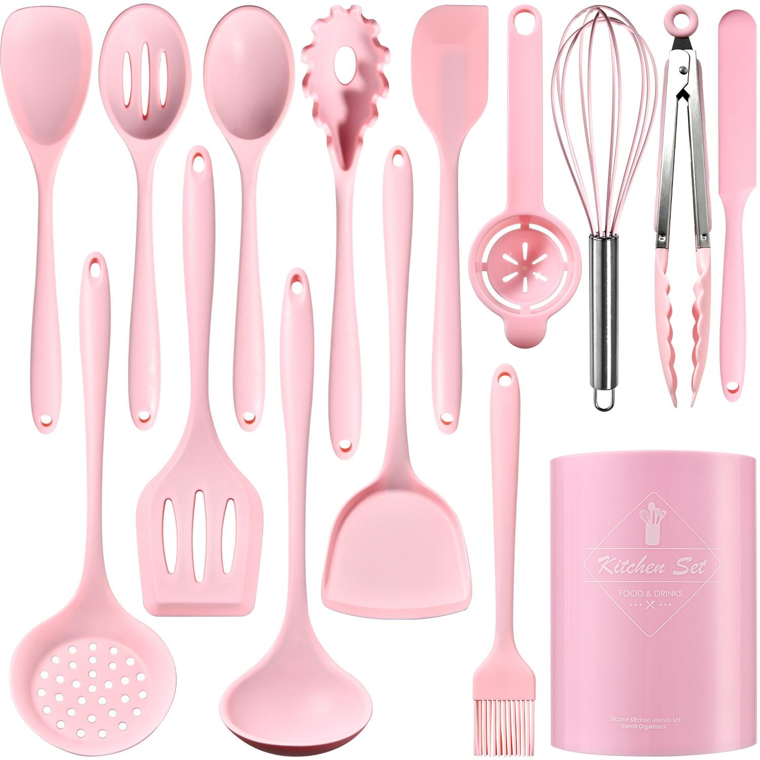 Set 15 ustensile bucătărie onuvio® din silicon alimentar premium, 920g, cu suport – spatule, linguri, polonic, clește, tel, fără bpa, antiaderente, compatibile mașina de spălat vase - roz
