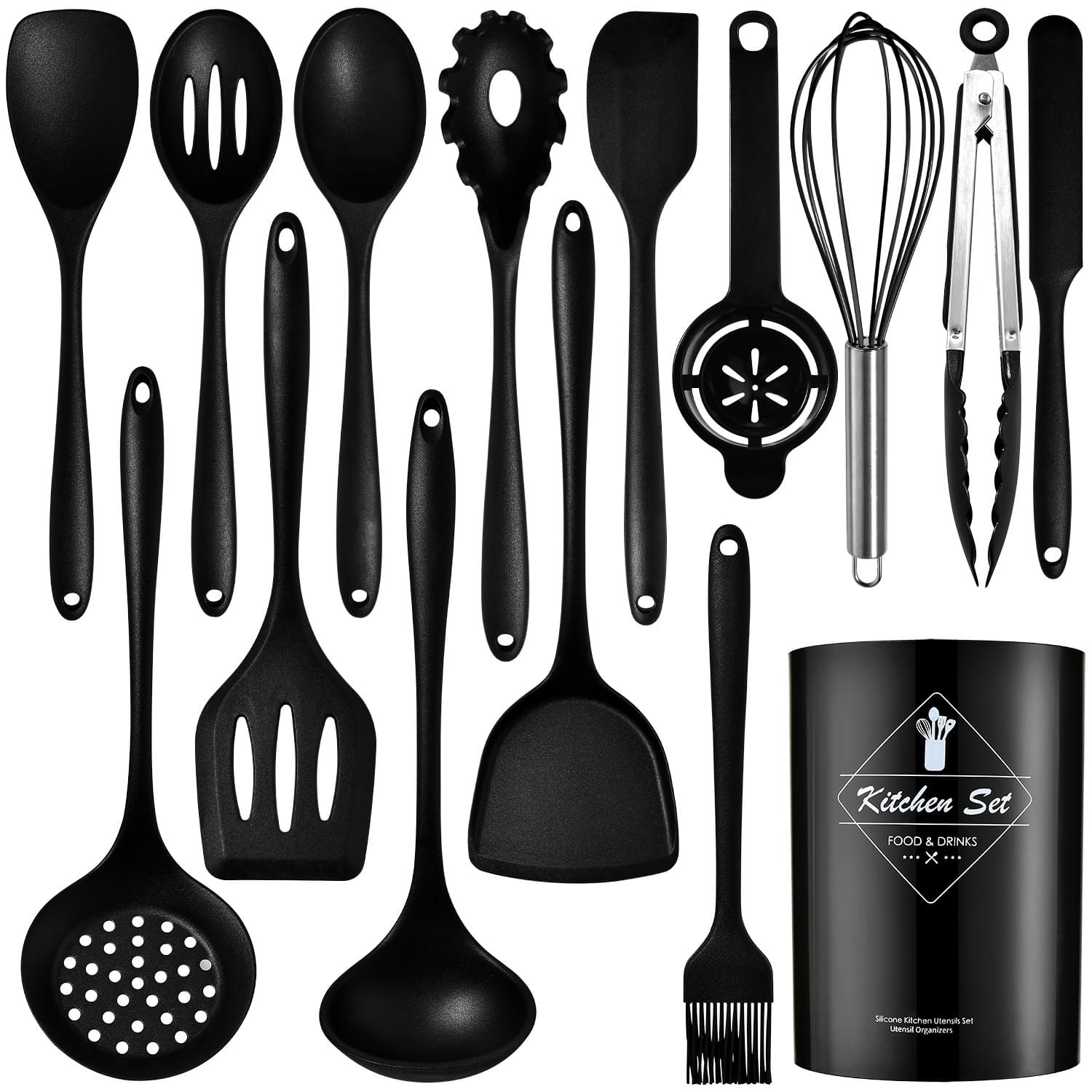 Set 15 ustensile bucătărie onuvio® din silicon alimentar premium, 920g, cu suport – spatule, linguri, polonic, clește, tel, fără bpa, antiaderente, compatibile mașina de spălat vase - negru