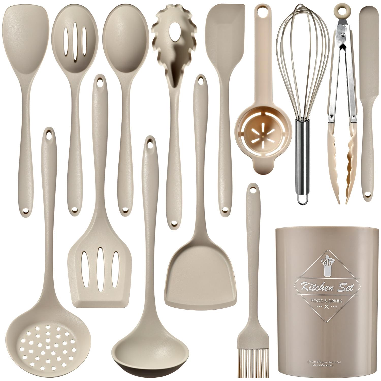 Set 15 ustensile bucătărie onuvio® din silicon alimentar premium, 920g, cu suport – spatule, linguri, polonic, clește, tel, fără bpa, antiaderente, compatibile mașina de spălat vase - kakhi