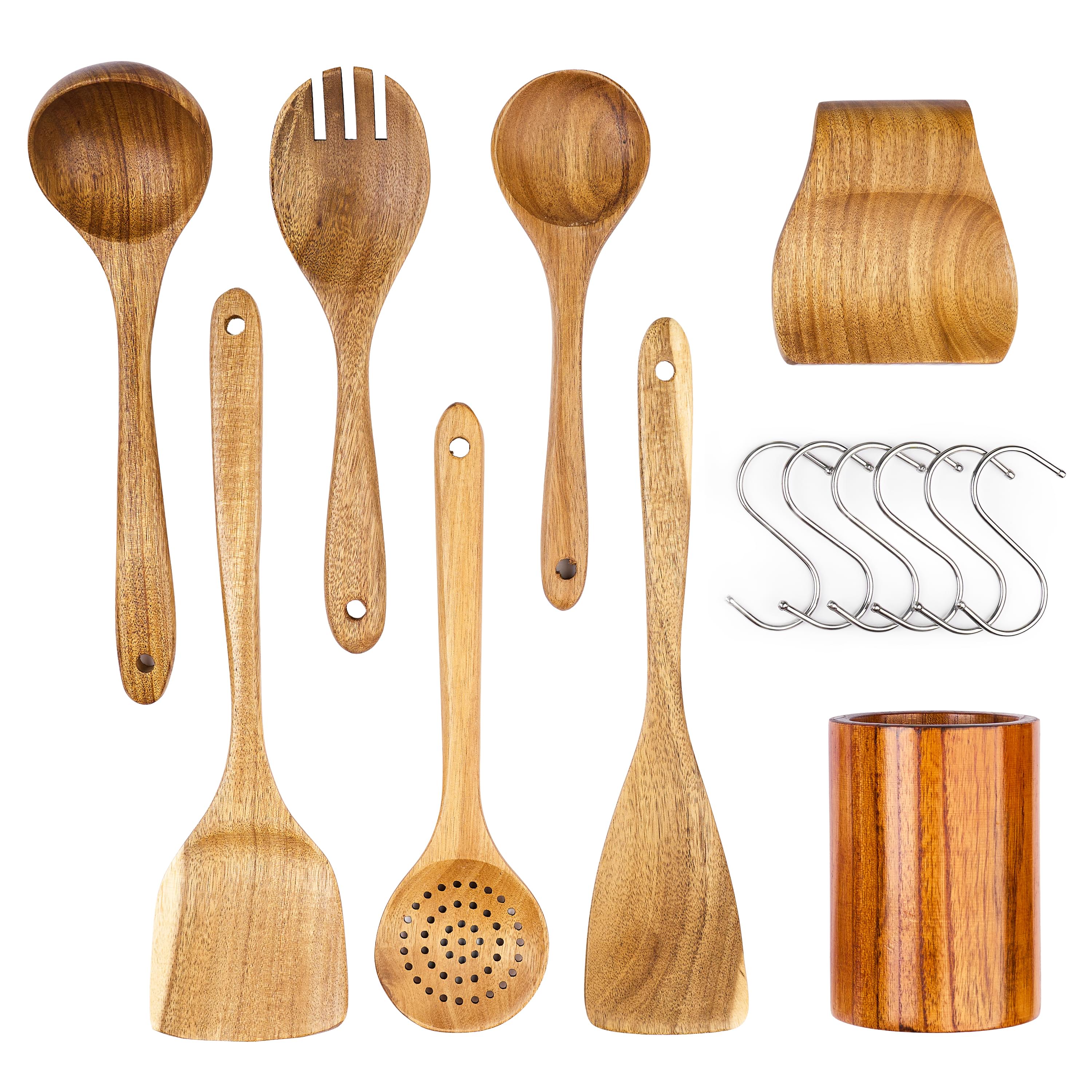 Set 8 Ustensile Bucătărie din Lemn de Acacia – cu Suport pe Blat și Suport de Lingură, include 6 Cârlige S – Onuvio®