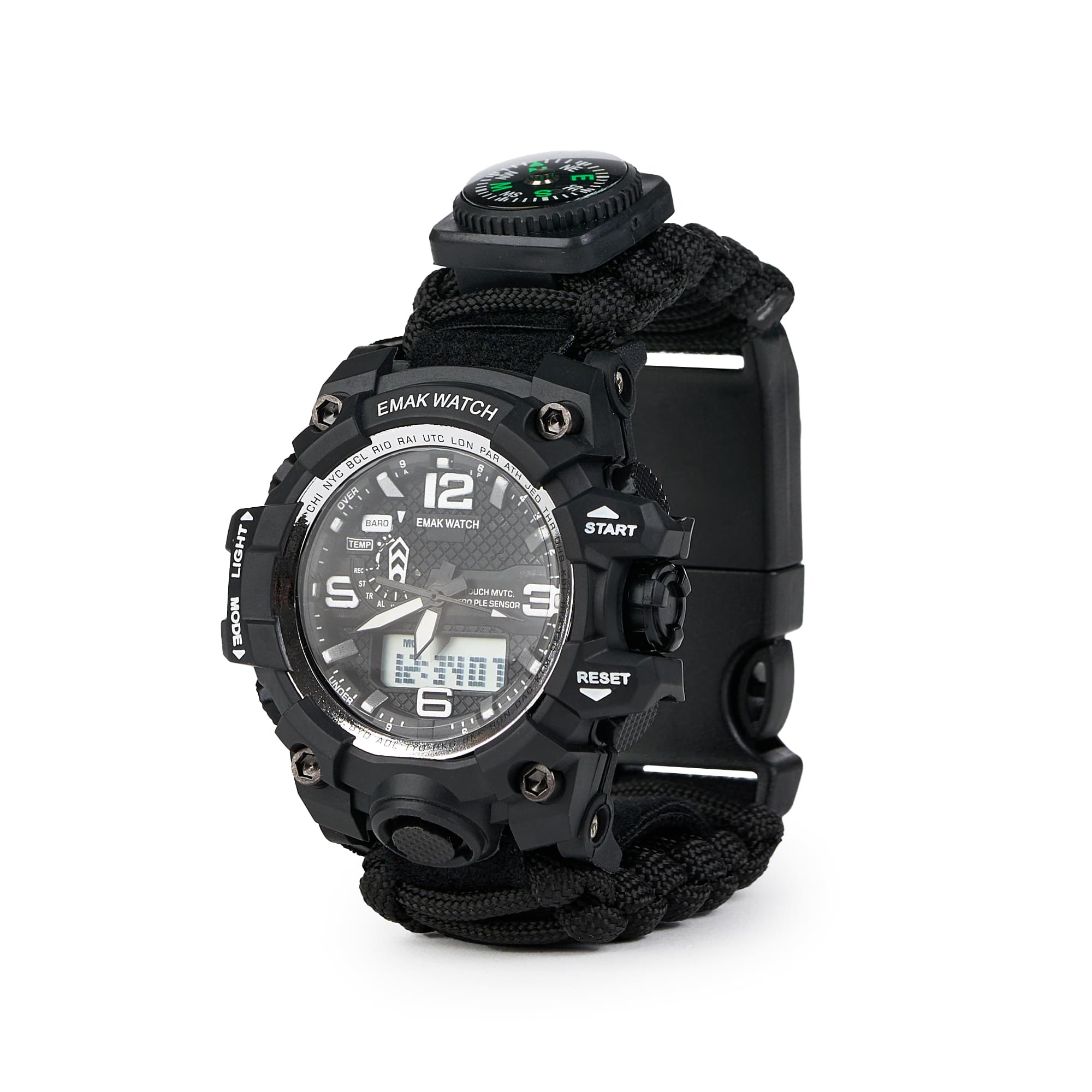 Ceas tactic supravietuire multifunctional, dual time, analogic si digital, cordelina, cremene, fierastrau, busola, onuvio® - negru