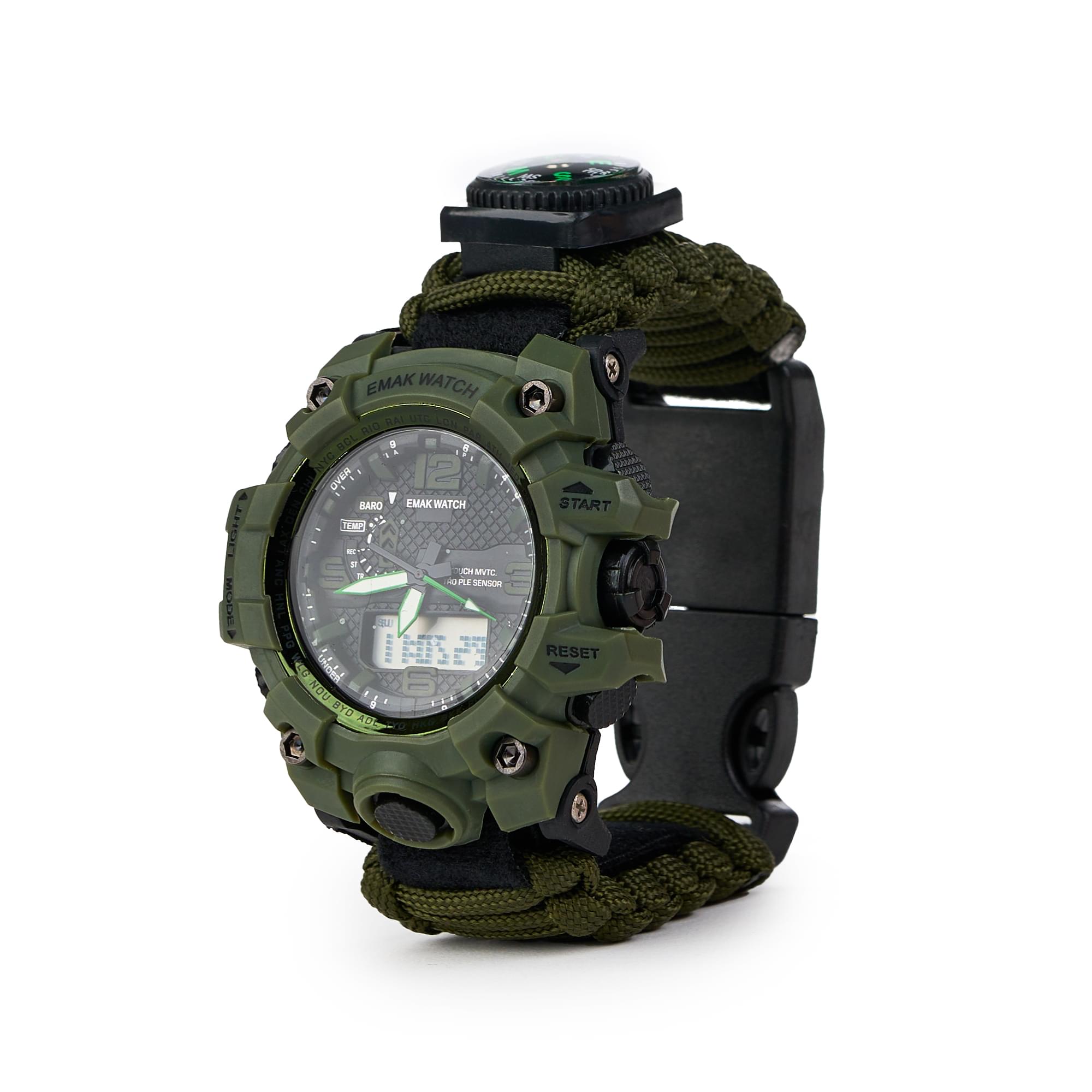 Ceas tactic supravietuire multifunctional, dual time, analogic si digital, cordelina, cremene, fierastrau, busola, onuvio® - verde
