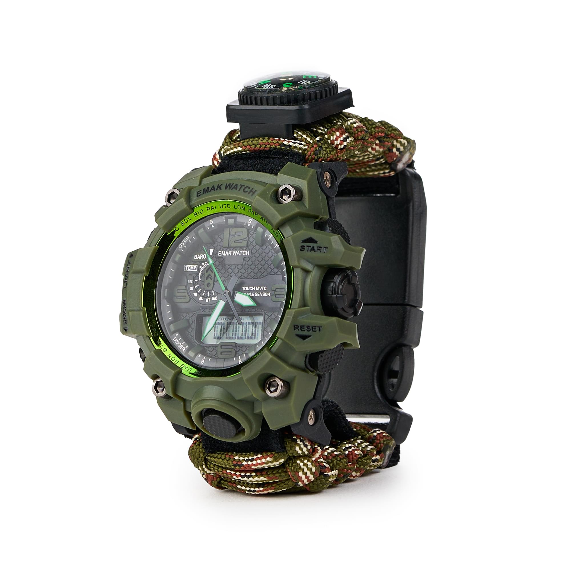 Ceas tactic supravietuire multifunctional, dual time, analogic si digital, cordelina, cremene, fierastrau, busola, onuvio® - light camo